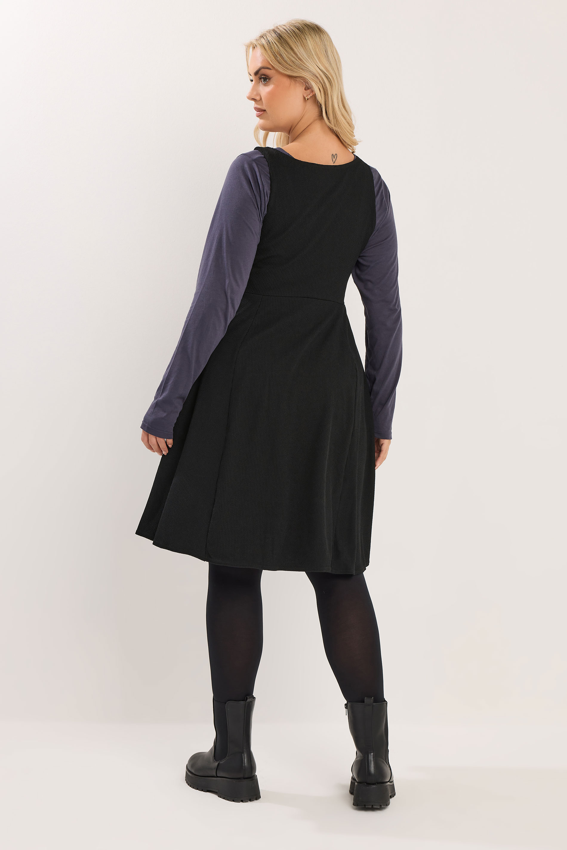 YOURS Plus Size Black Button Front Textured Pinafore Dress | Yours Clothing 2