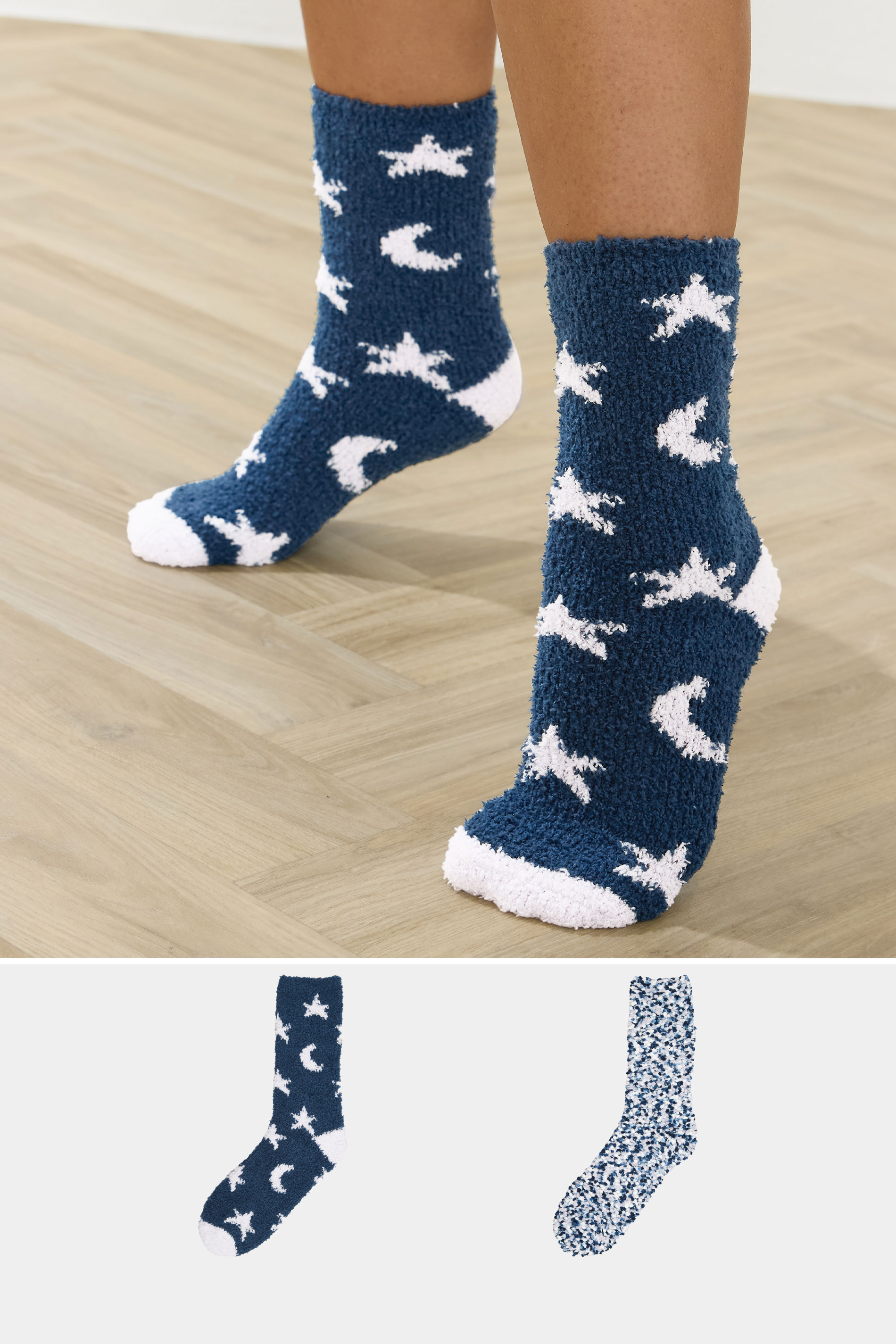 YOURSET 2 PACK Plus Size Navy Blue Popcorn Fleece Star Bed Socks | Yours Clothing 1