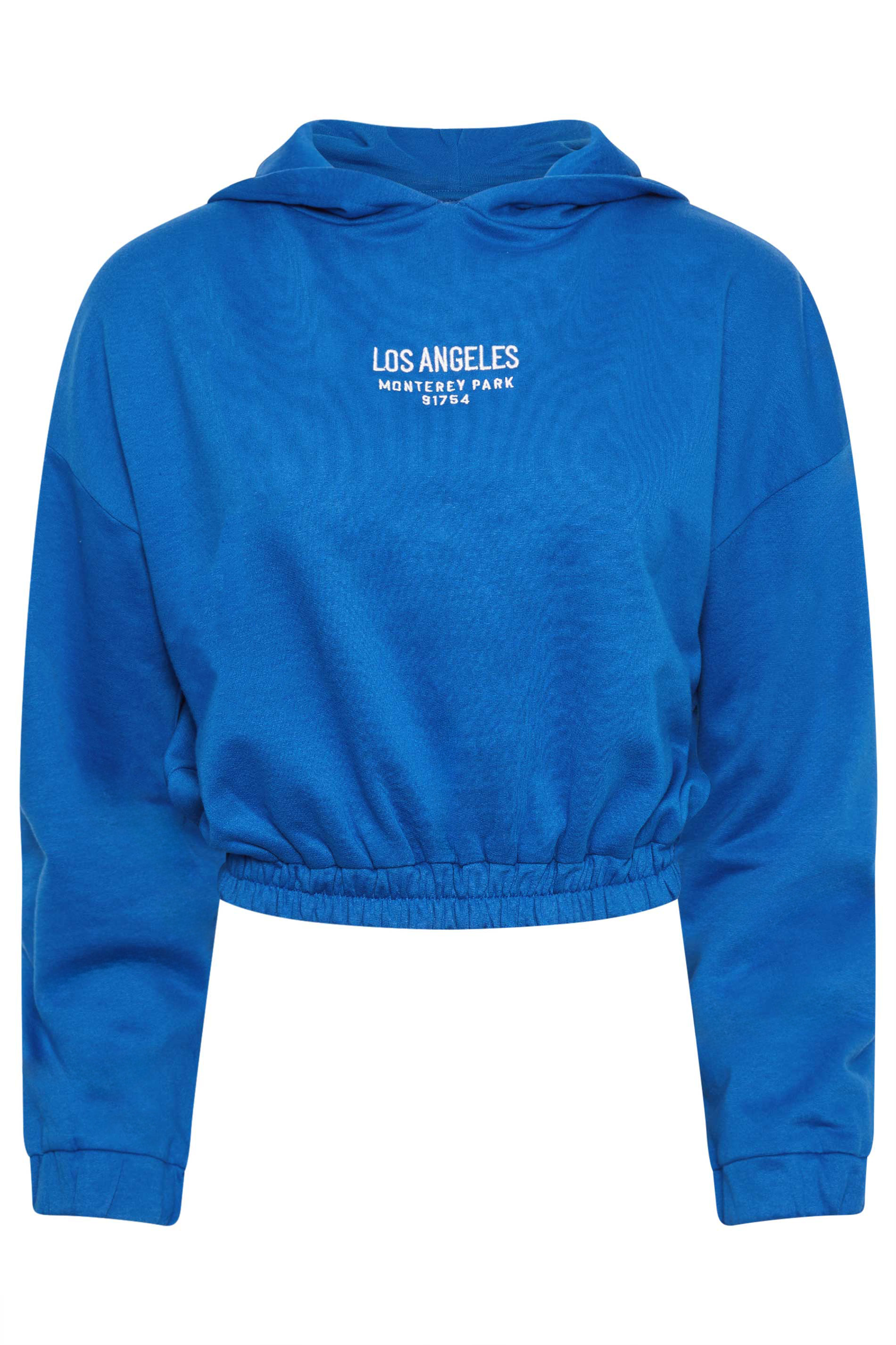 PixieGirl Petite Womens Cobalt Blue 'Los Angeles' Slogan Cotton Cropped Hoodie | PixieGirl  6