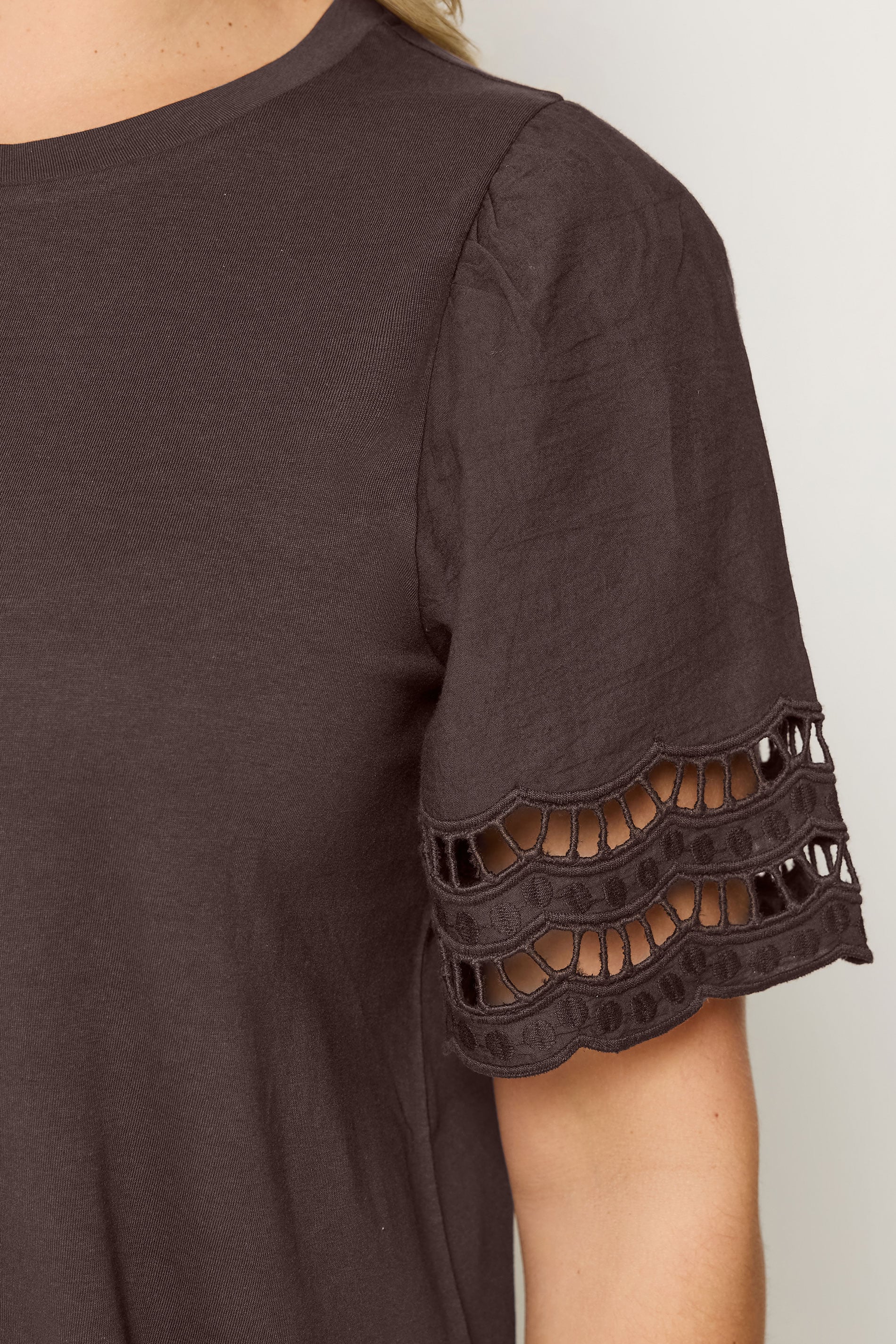 YOURS Plus Size Brown Broderie Anglaise Angel Sleeve T-Shirt | Yours Clothing 4