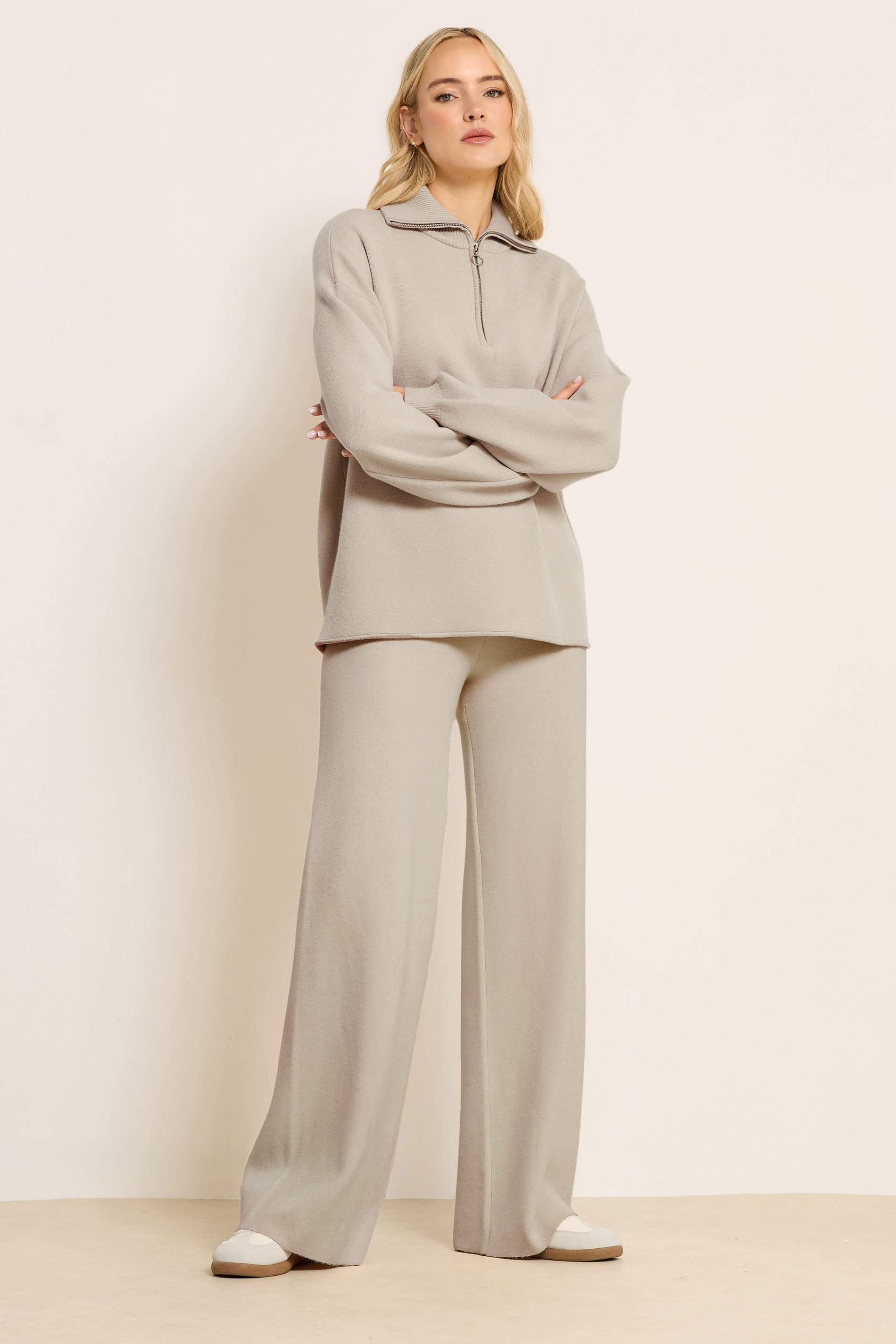 LTS PREMIUM Tall Beige Brown Knitted Wide Leg Trousers | Long Tall Sally 3