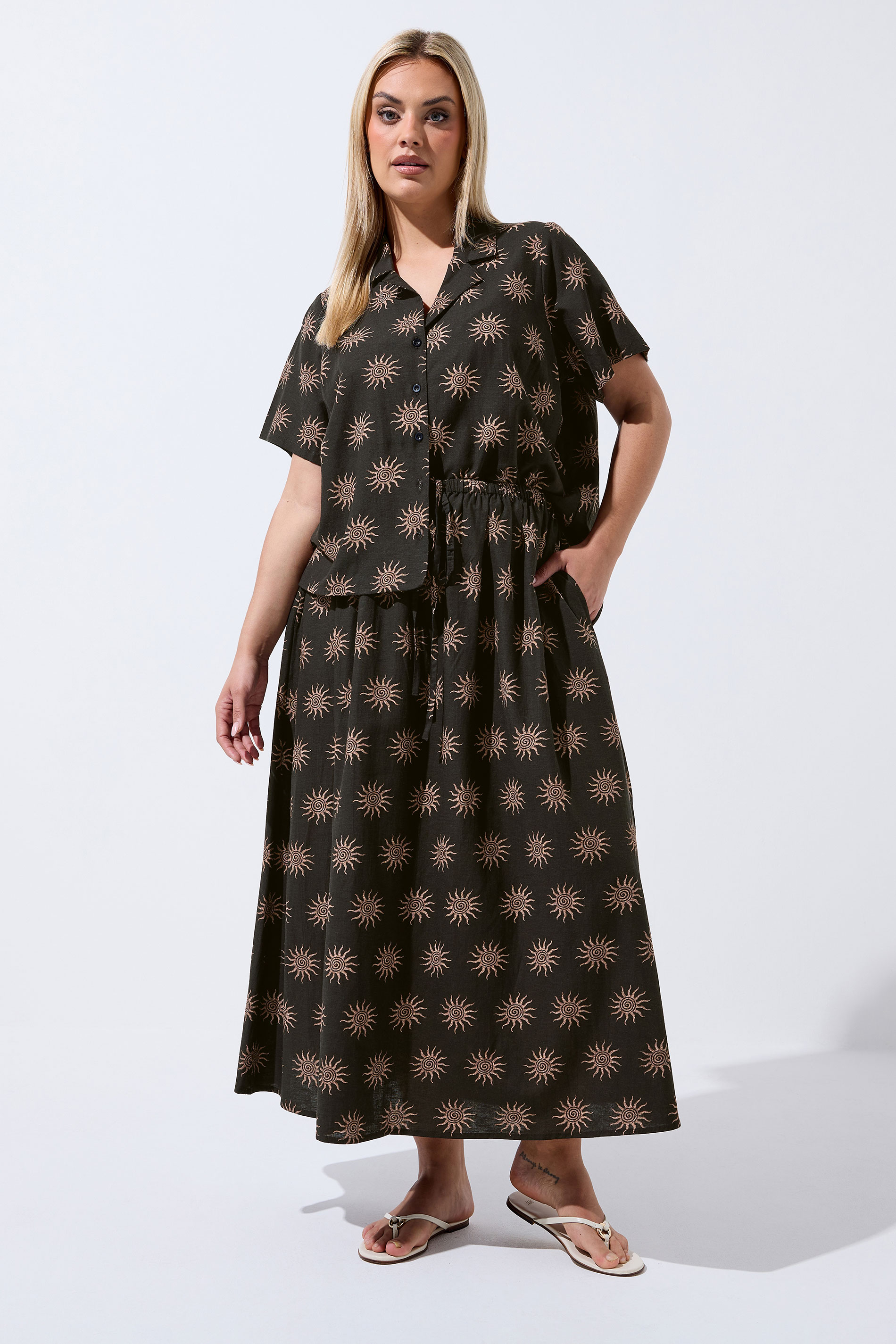 LIMITED COLLECTION Curve Dark Brown Sun Print Linen Boxy Shirt | Yours Clothing 1