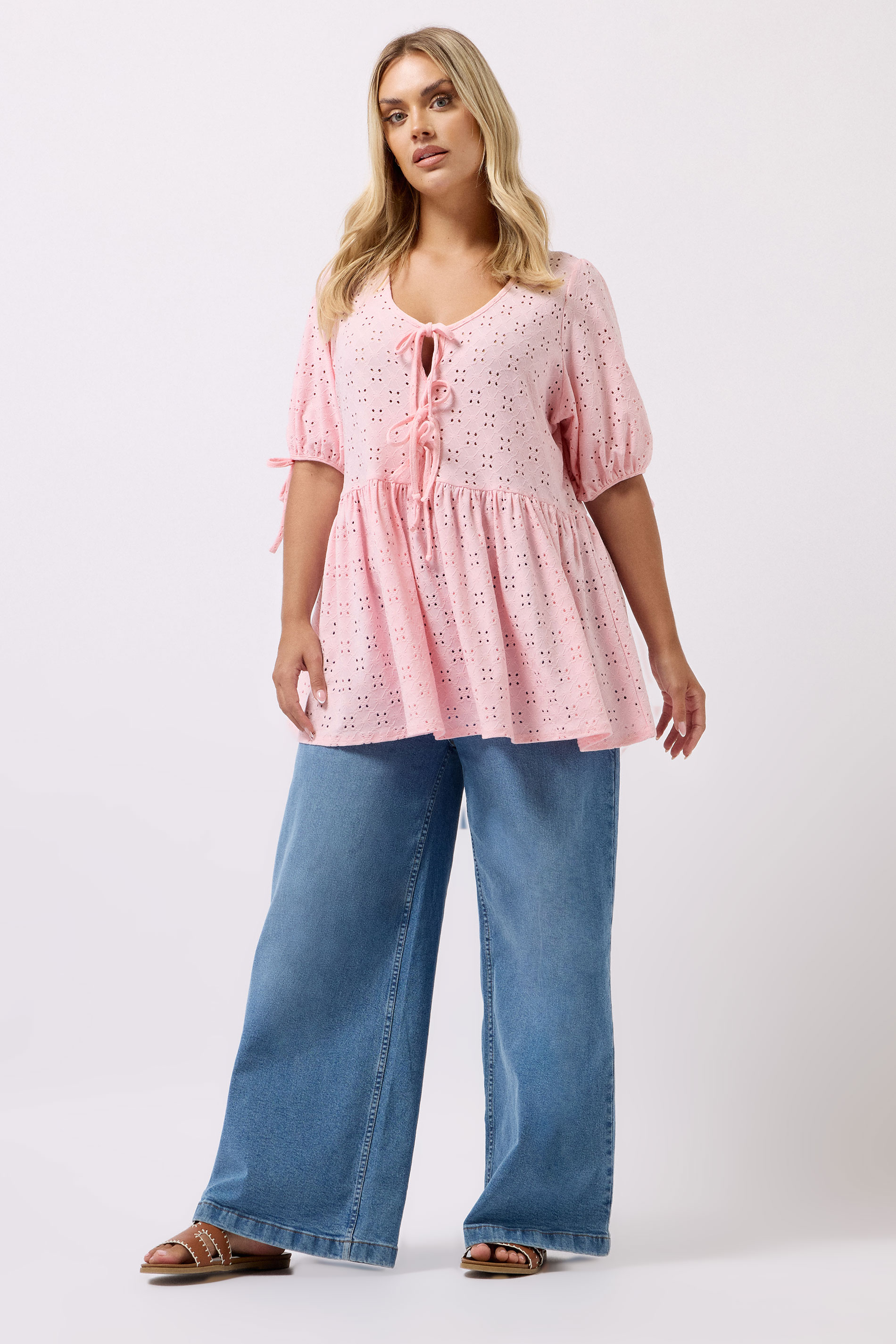 YOURS Plus Size Pink Broderie Anglaise Tie Front Peplum Top | Yours Clothing 4