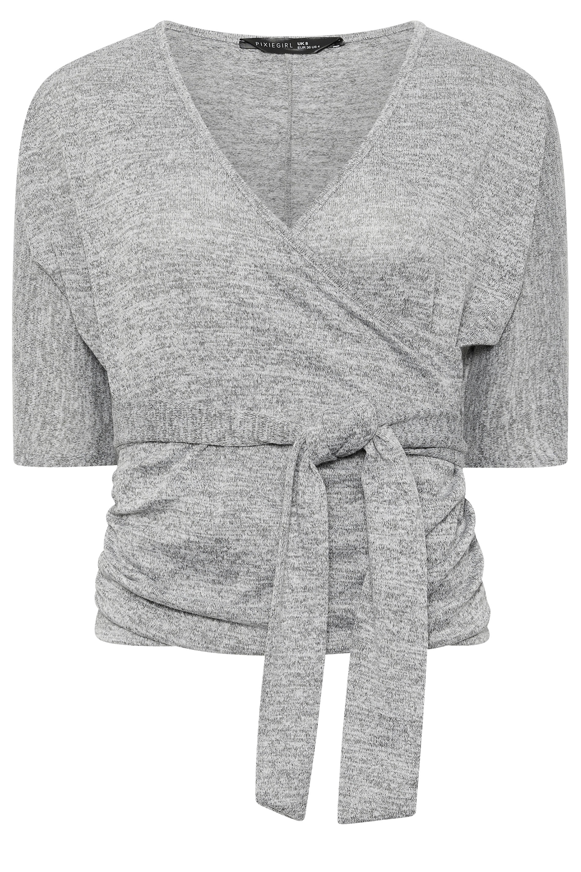 PixieGirl Petite Women's Grey Marl Belted Wrap Top | PixieGirl  5