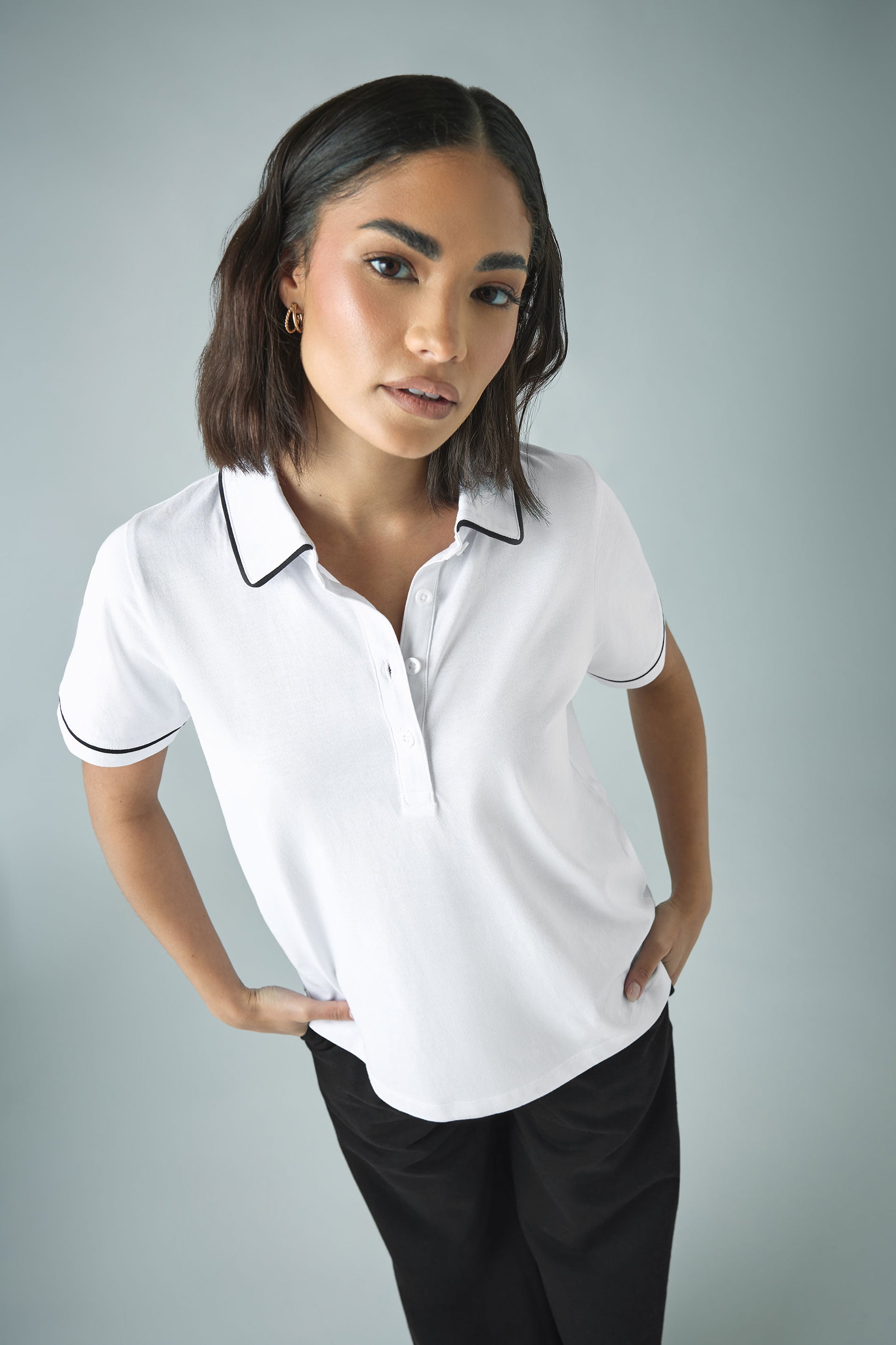 PixieGirl Petite Women's White Contrast Trim Cotton Polo Shirt | PixieGirl 3