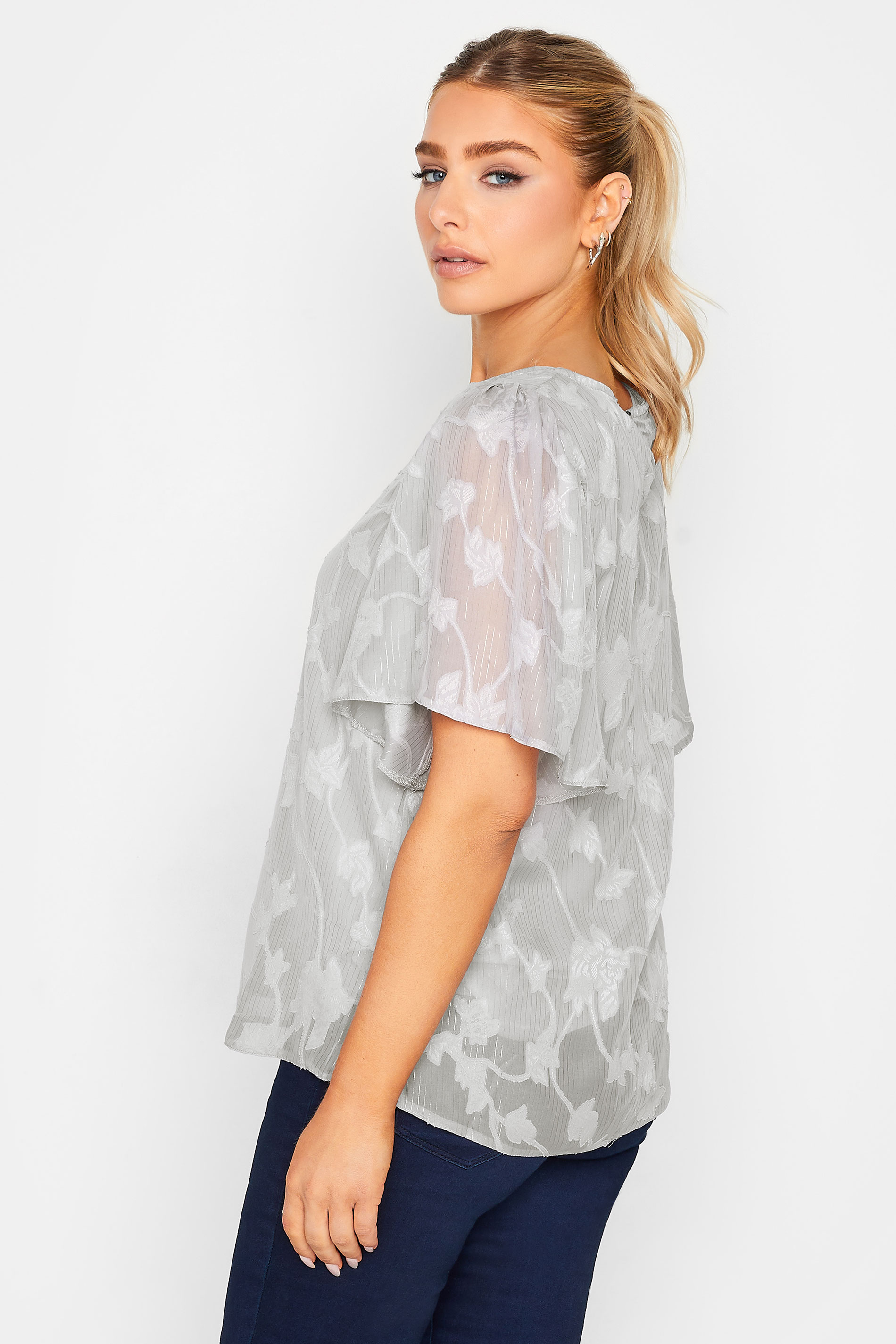 M&Co Grey Floral Shimmer Angel Sleeve Blouse | M&Co 3
