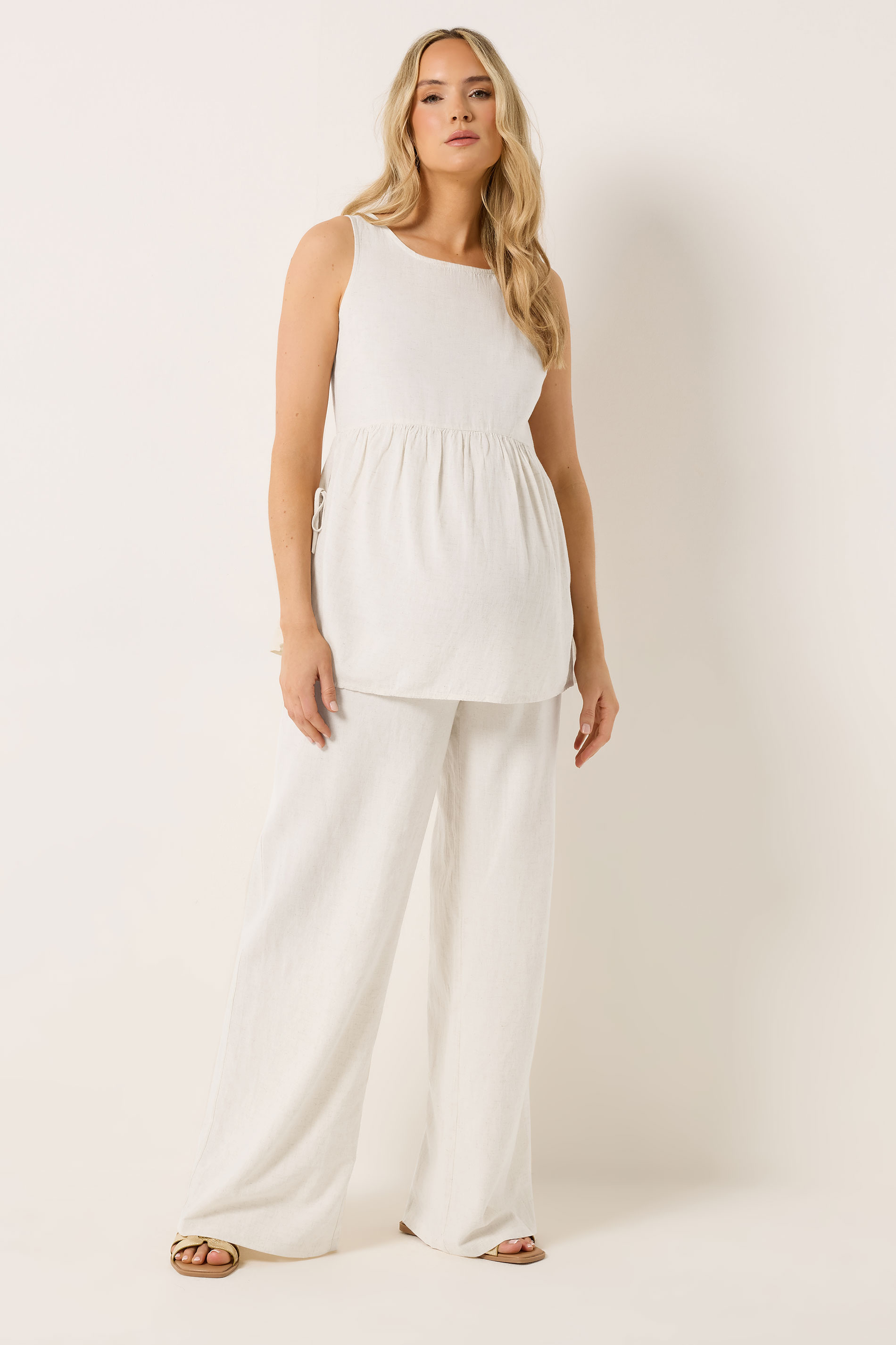 LTS Tall Women's Maternity Cream Wide Leg Linen Trousers | Long Tall Sally 3