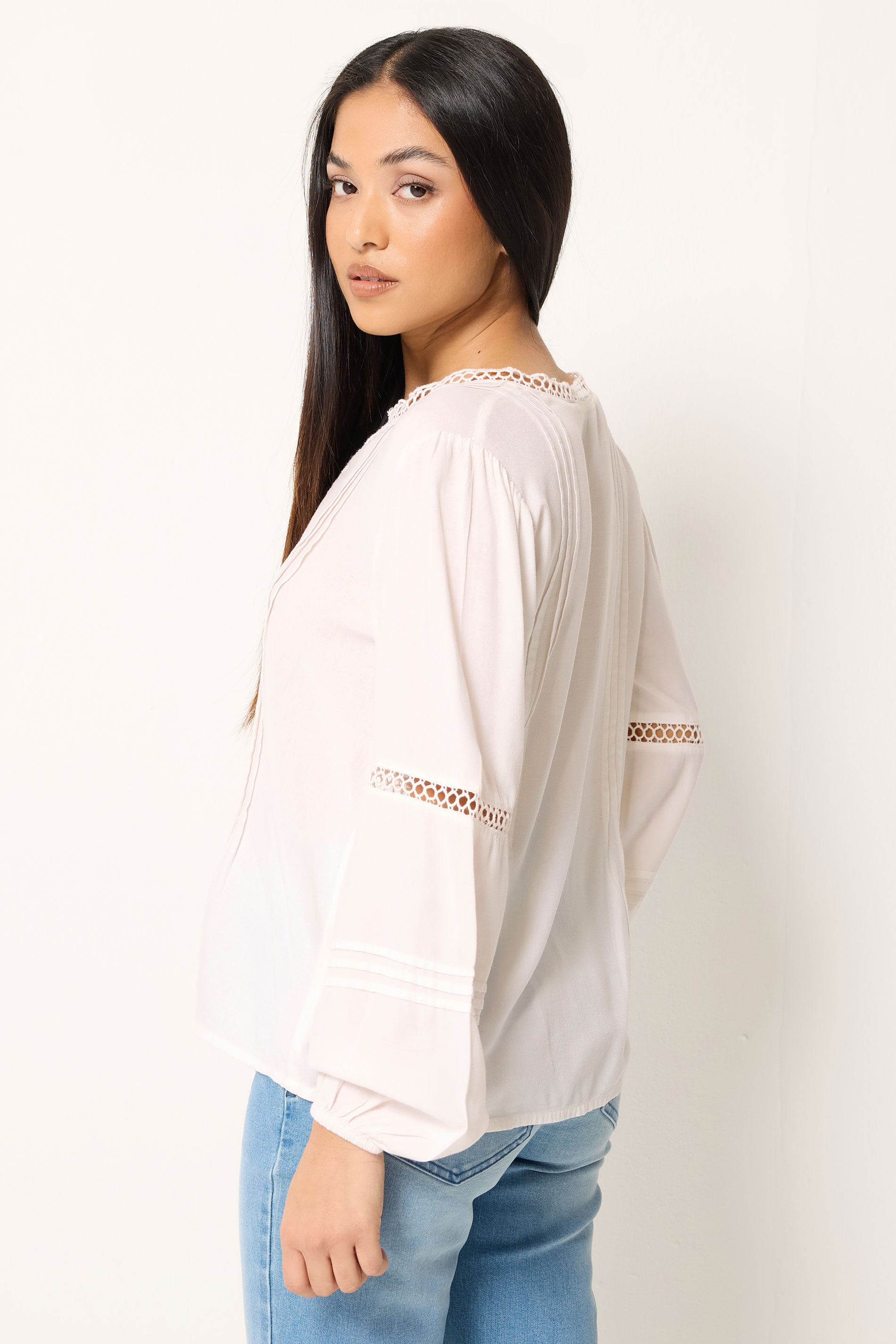 M&Co Petite White Lace Trim Pintuck Blouse | M&Co 2