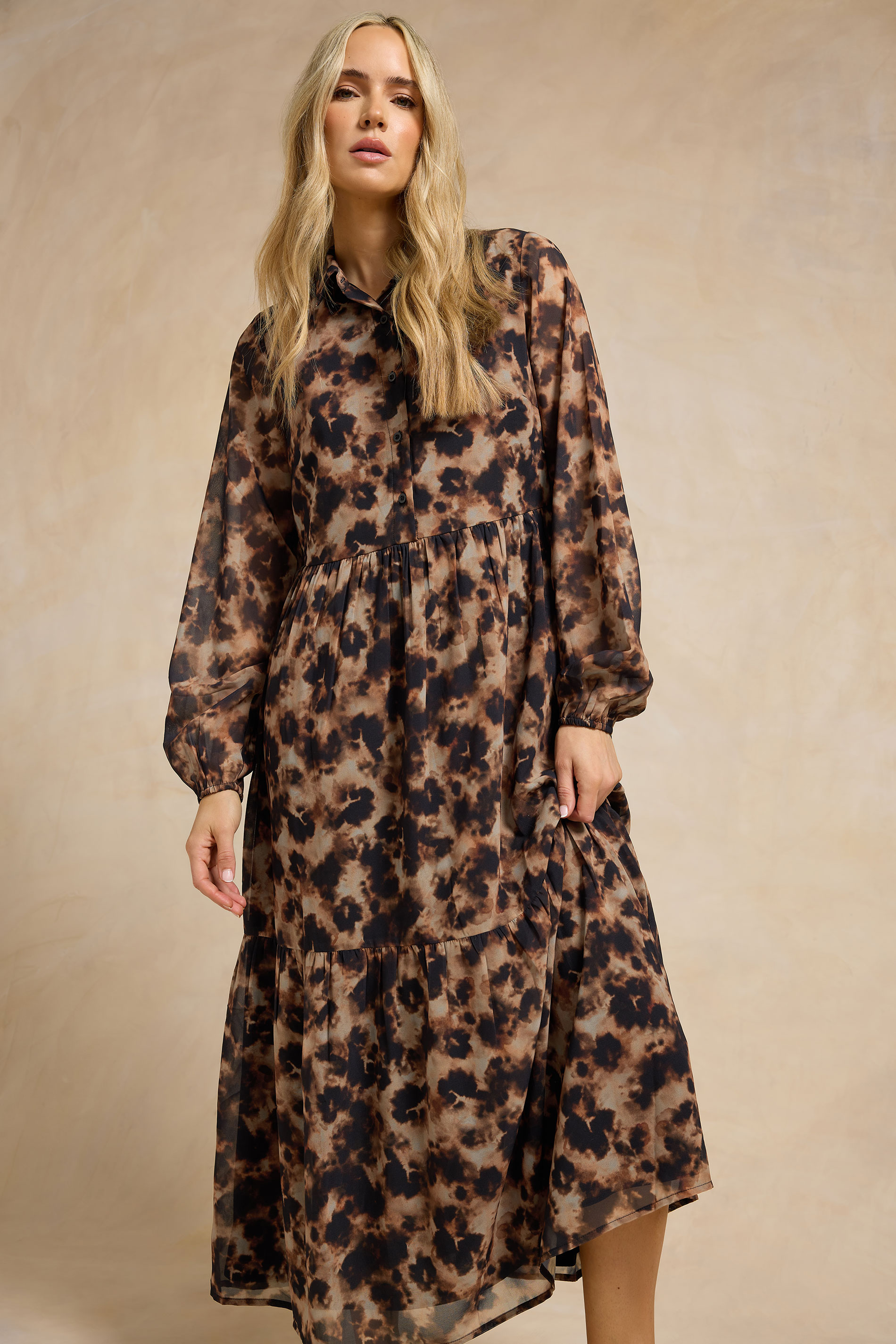 LTS Tall Brown Marble Sheer Tiered Dress | Long Tall Sally 3
