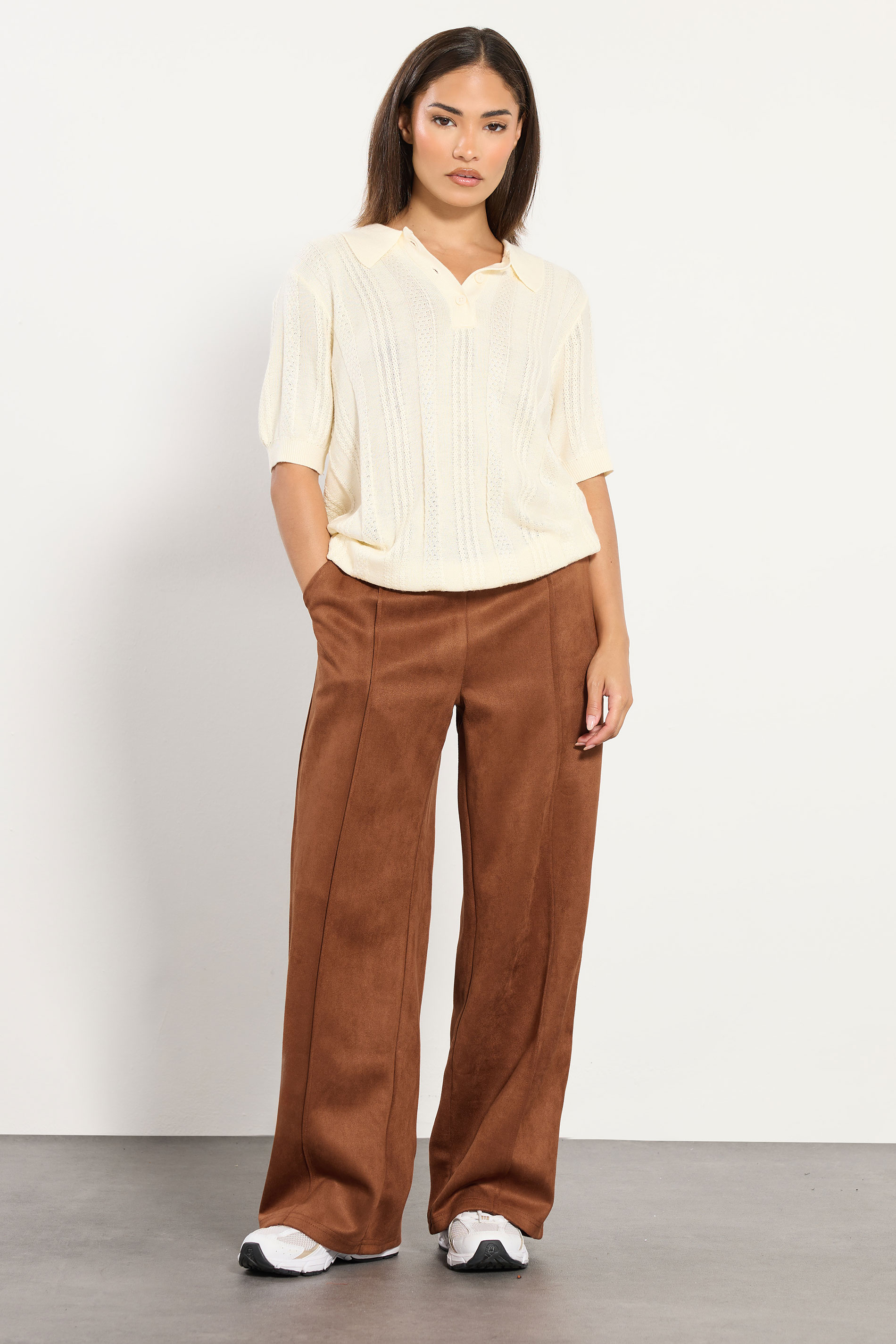 PixieGirl Petite Women's Tan Brown Suedette Wide Leg Trousers | Pixie Girl 1