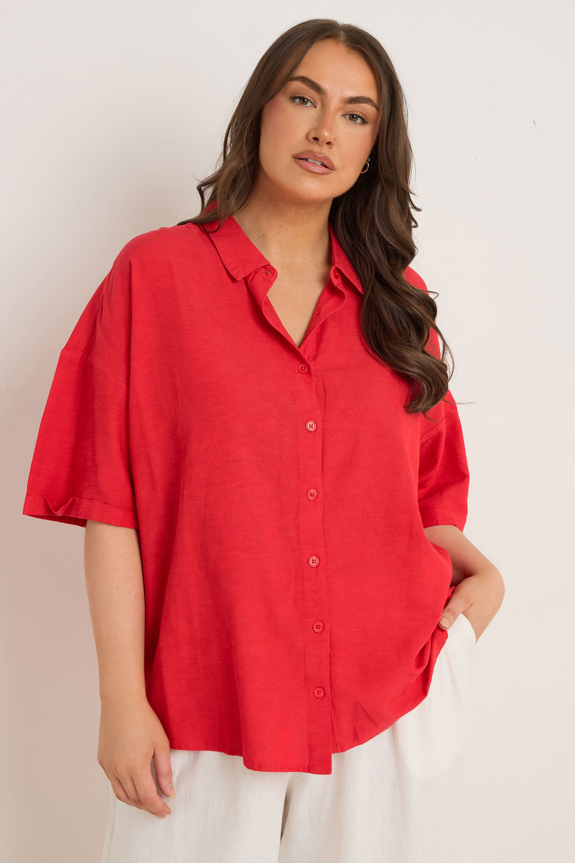 EVANS Plus Size Red Linen Shirt  | Yours Clothing 3