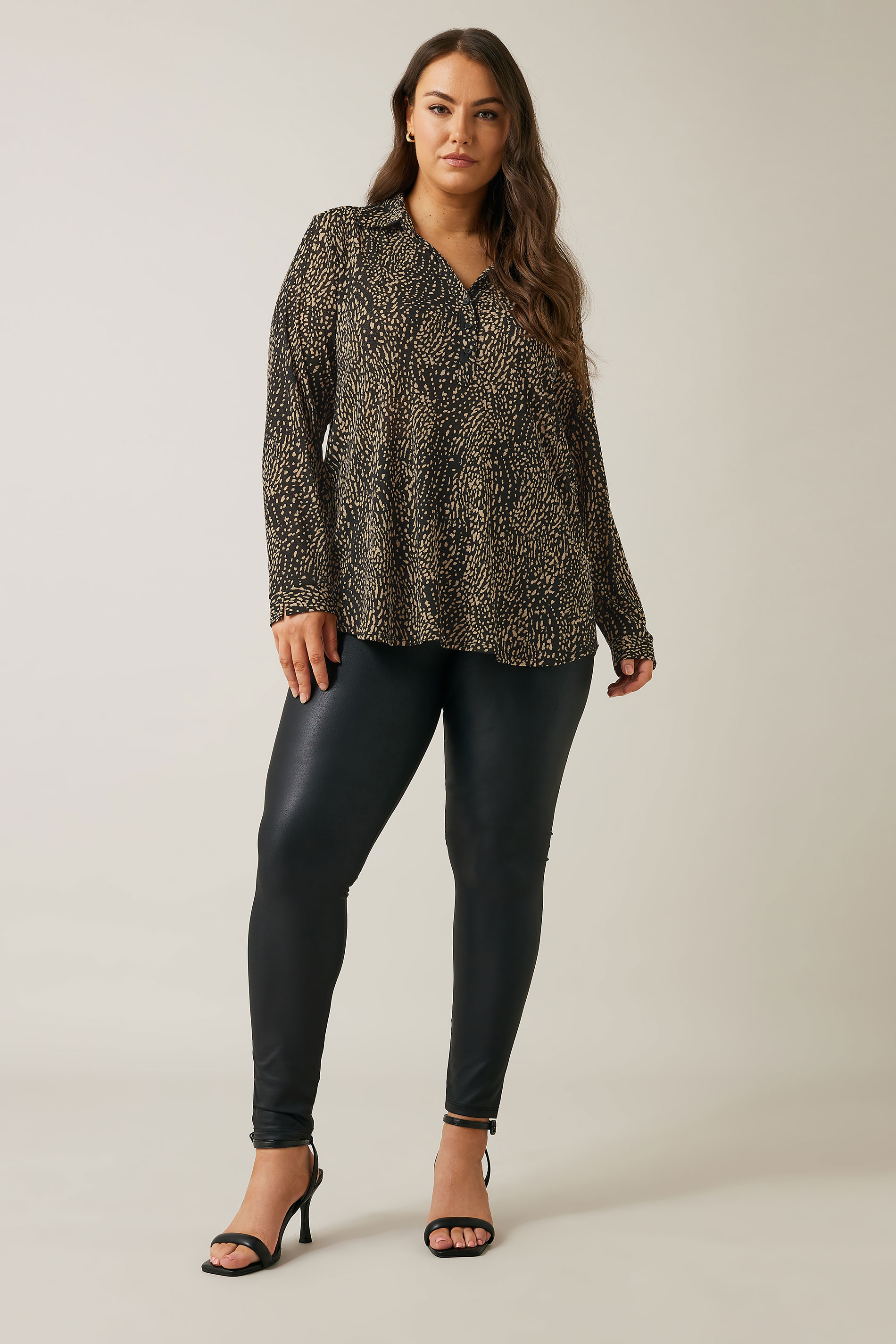 EVANS Plus Size Black Spot Print Half Placket Shirt | Evans 1