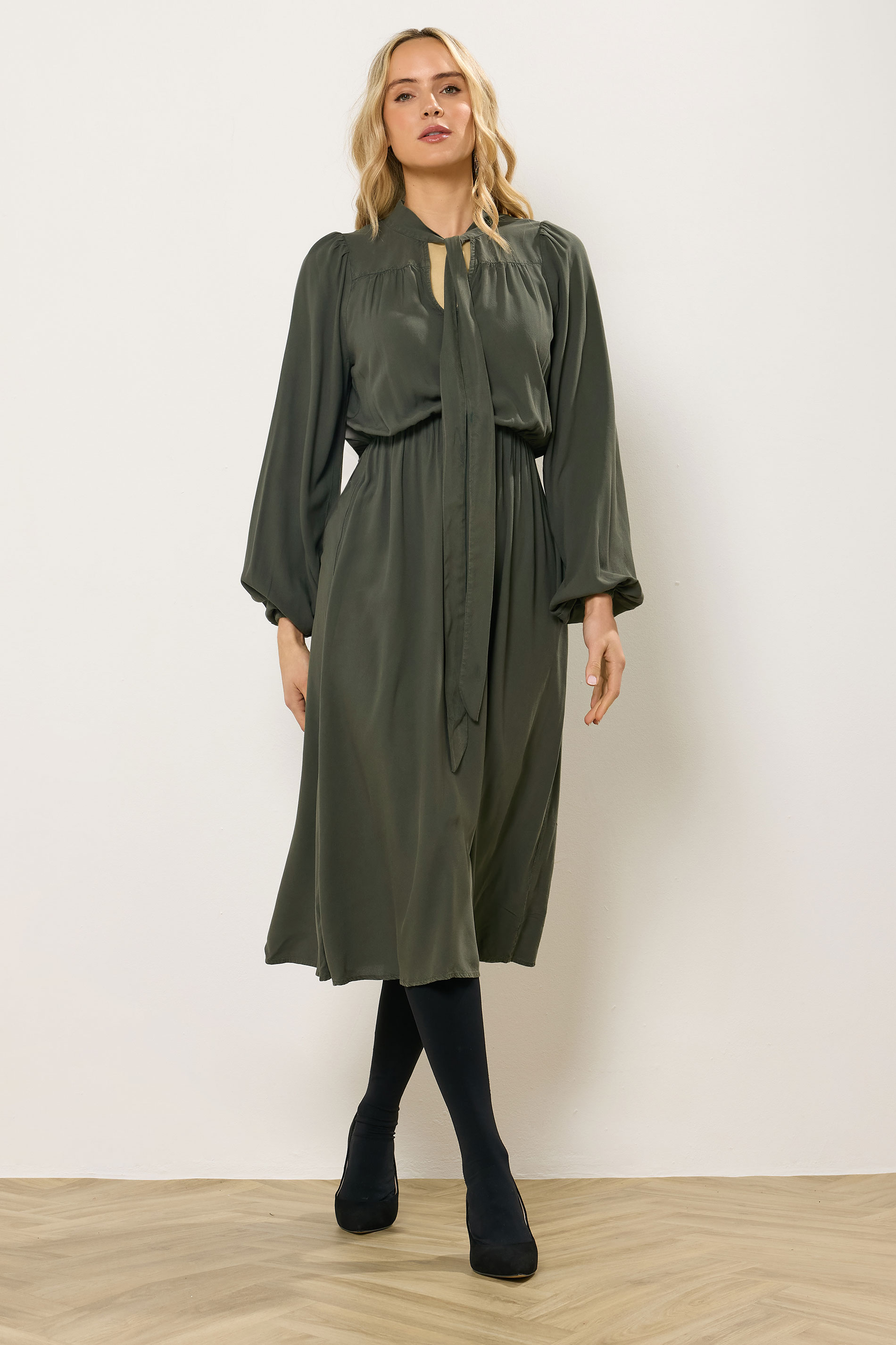 LTS Tall Green Acid Wash Tie Neck Midi Dress | Long Tall Sally 1