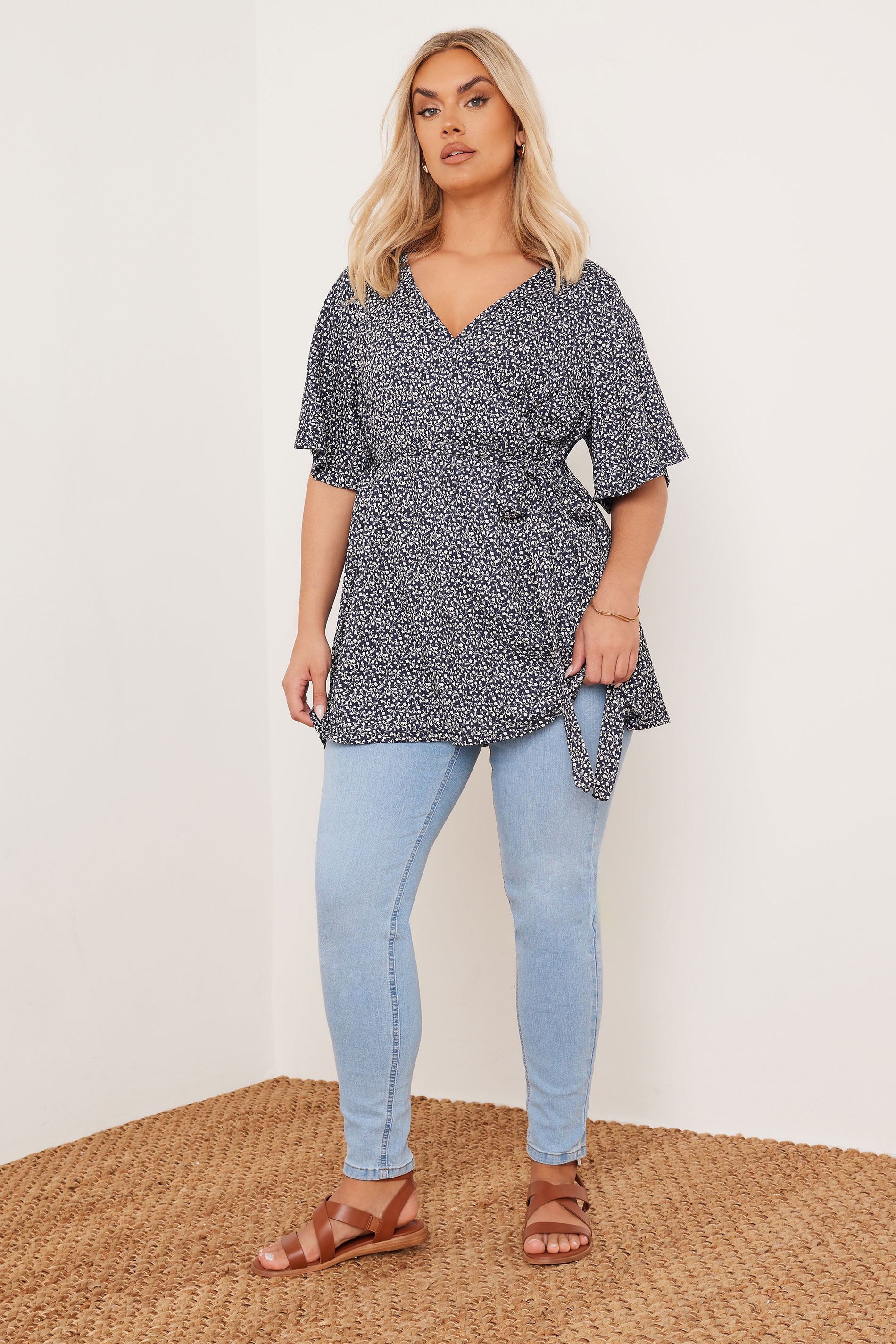YOURS Plus Size Navy Blue Floral Print Textured Wrap Top | Yours Clothing 1