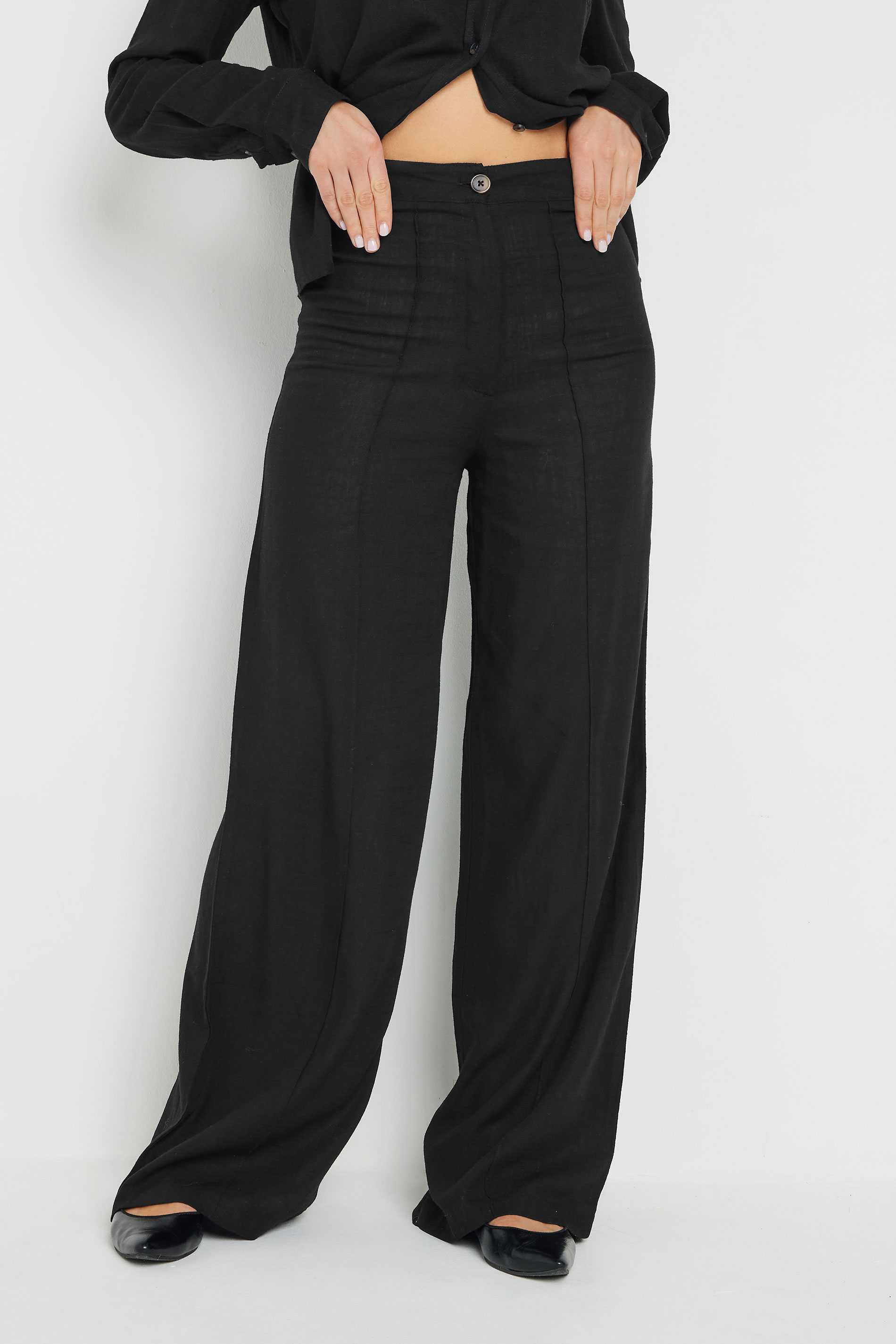 LTS Tall Black Linen Pleated Wide Leg Trousers | Long Tall Sally 1
