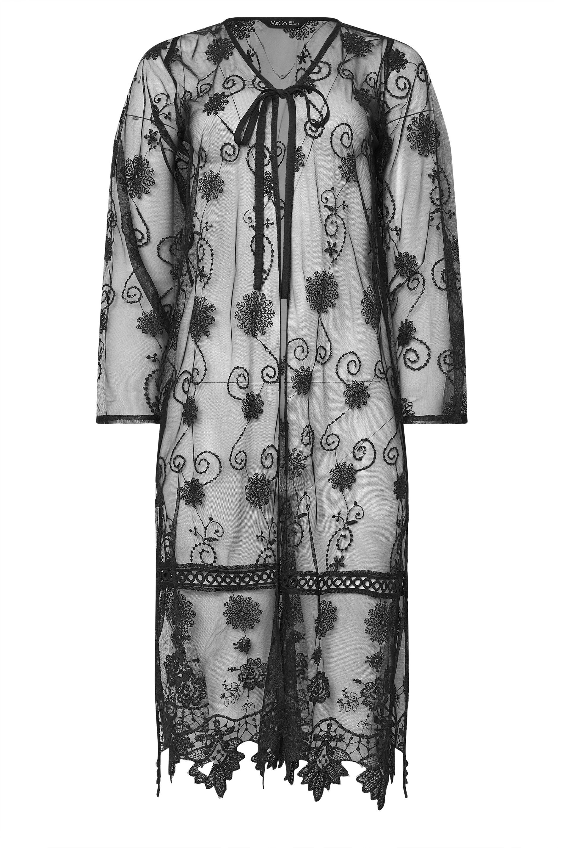 M&Co Black Mesh Embroidered Tie Front Kimono | M&Co 6