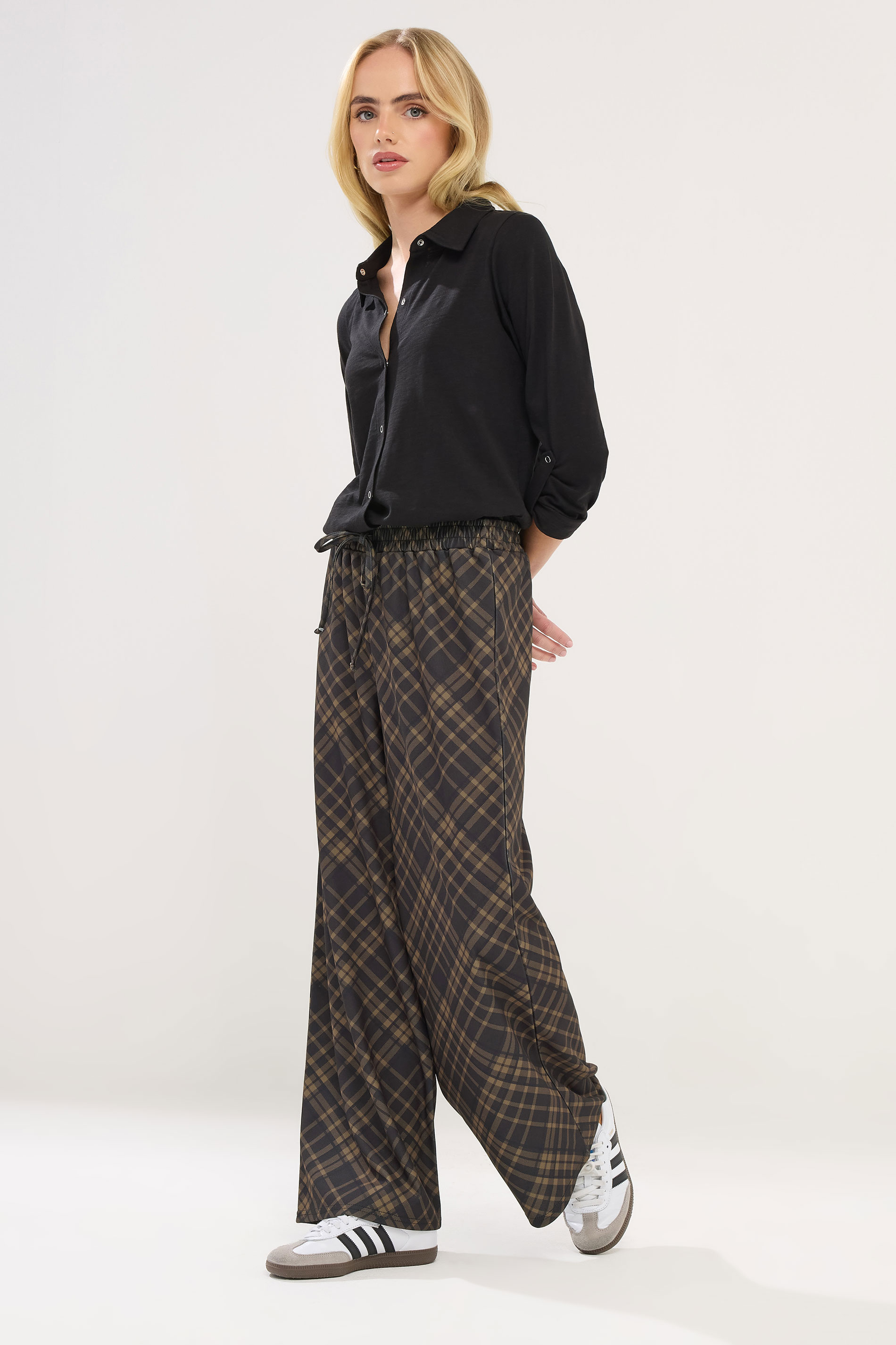 PixieGirl Petite Chocolate Brown Check Wide Leg Trousers | PixieGirl 3