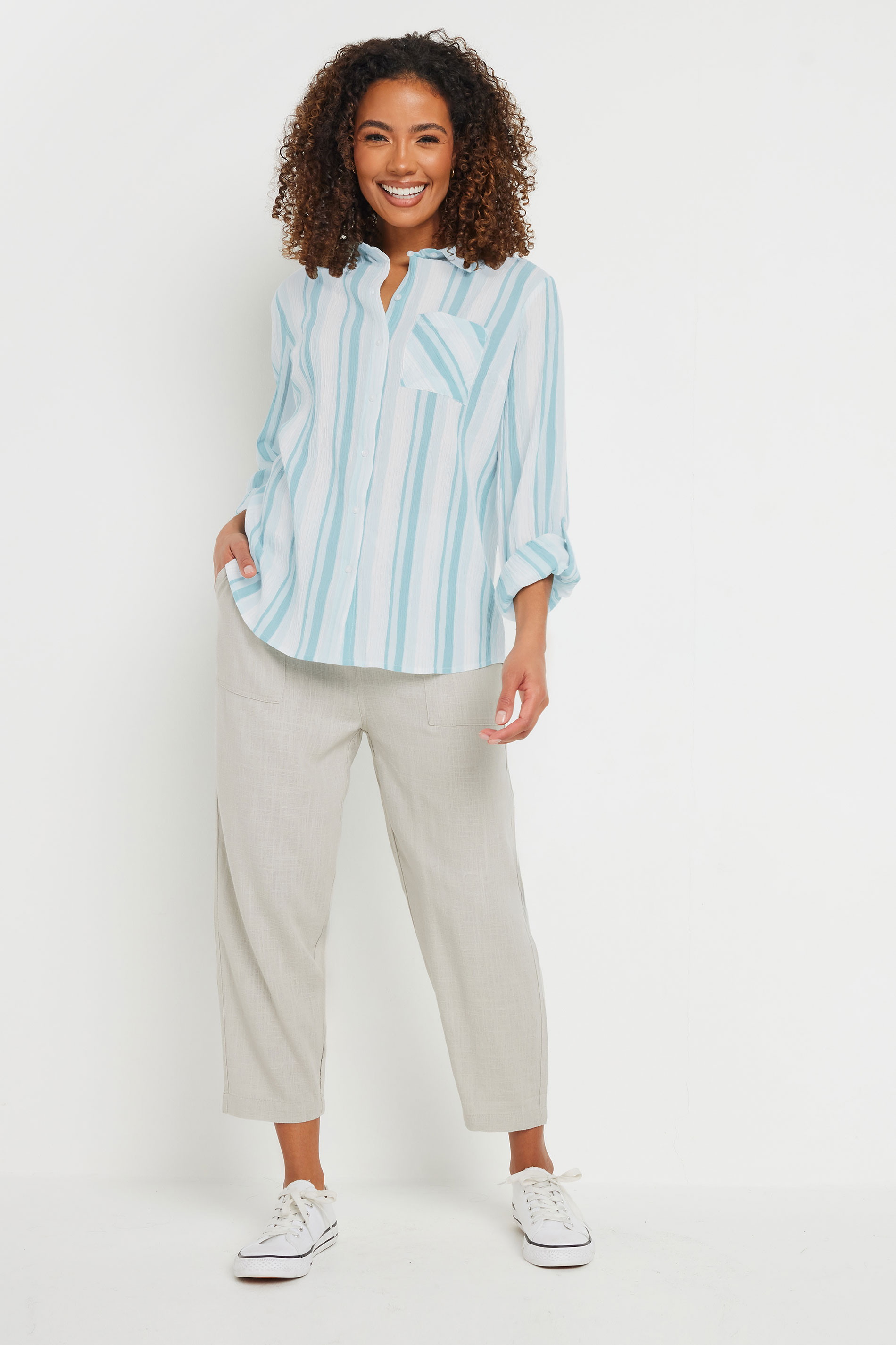 M&Co Blue Stripe Crepe Tab Sleeve Cotton Shirt | M&Co 1