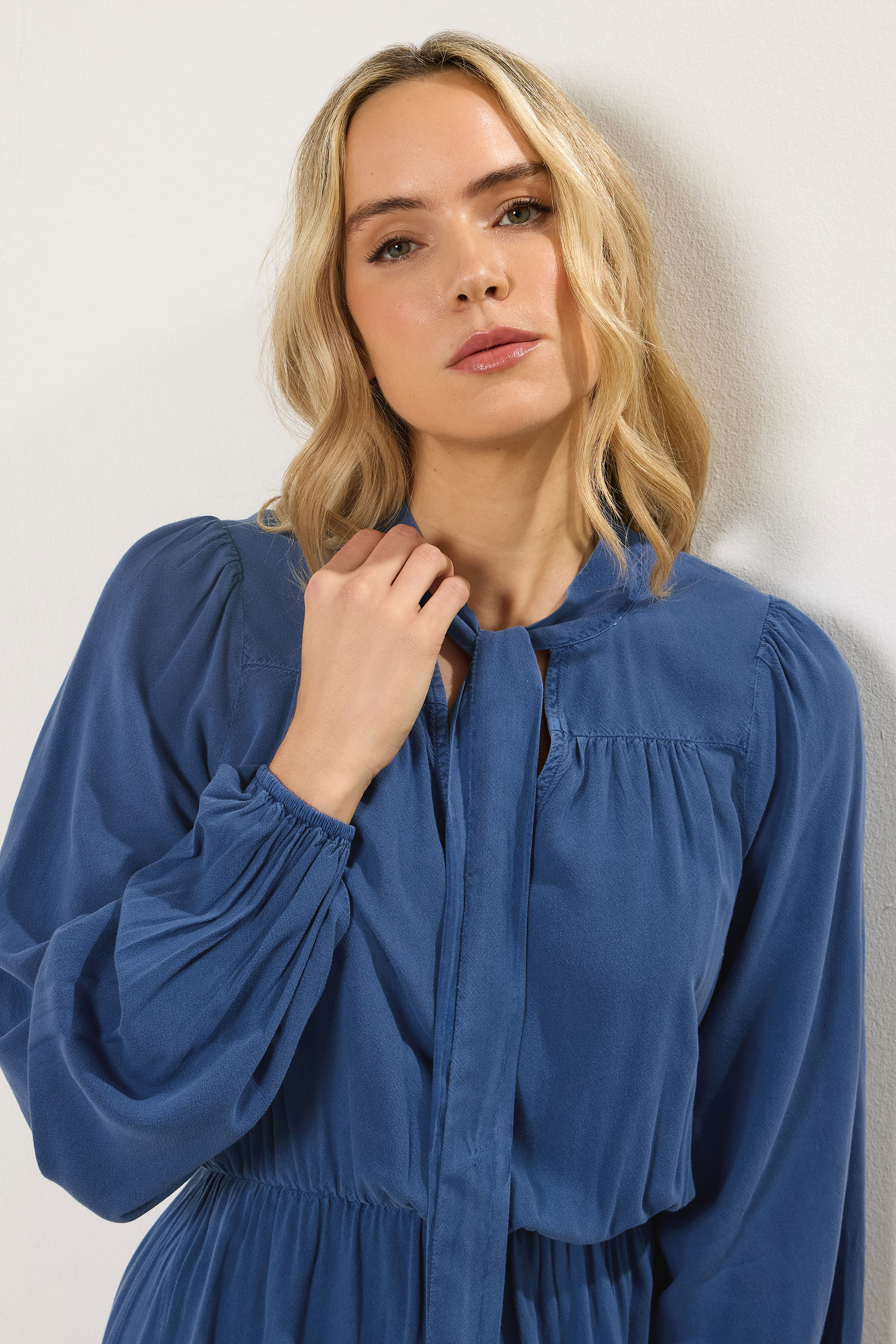 LTS Tall Blue Acid Wash Tie Neck Midi Dress | Long Tall Sally 5