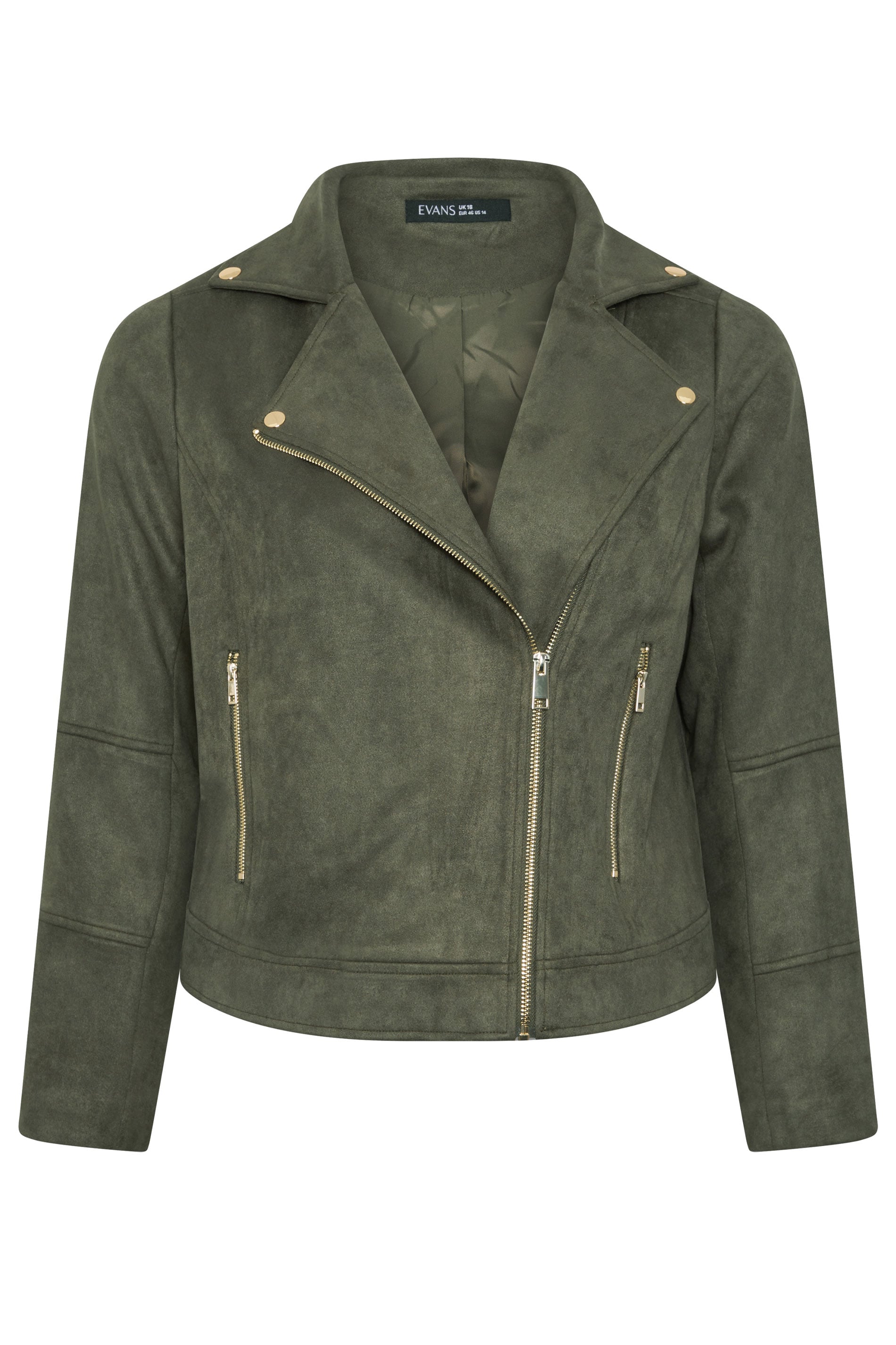 EVANS Plus Size Khaki Green Suedette Biker Jacket | Evans 5
