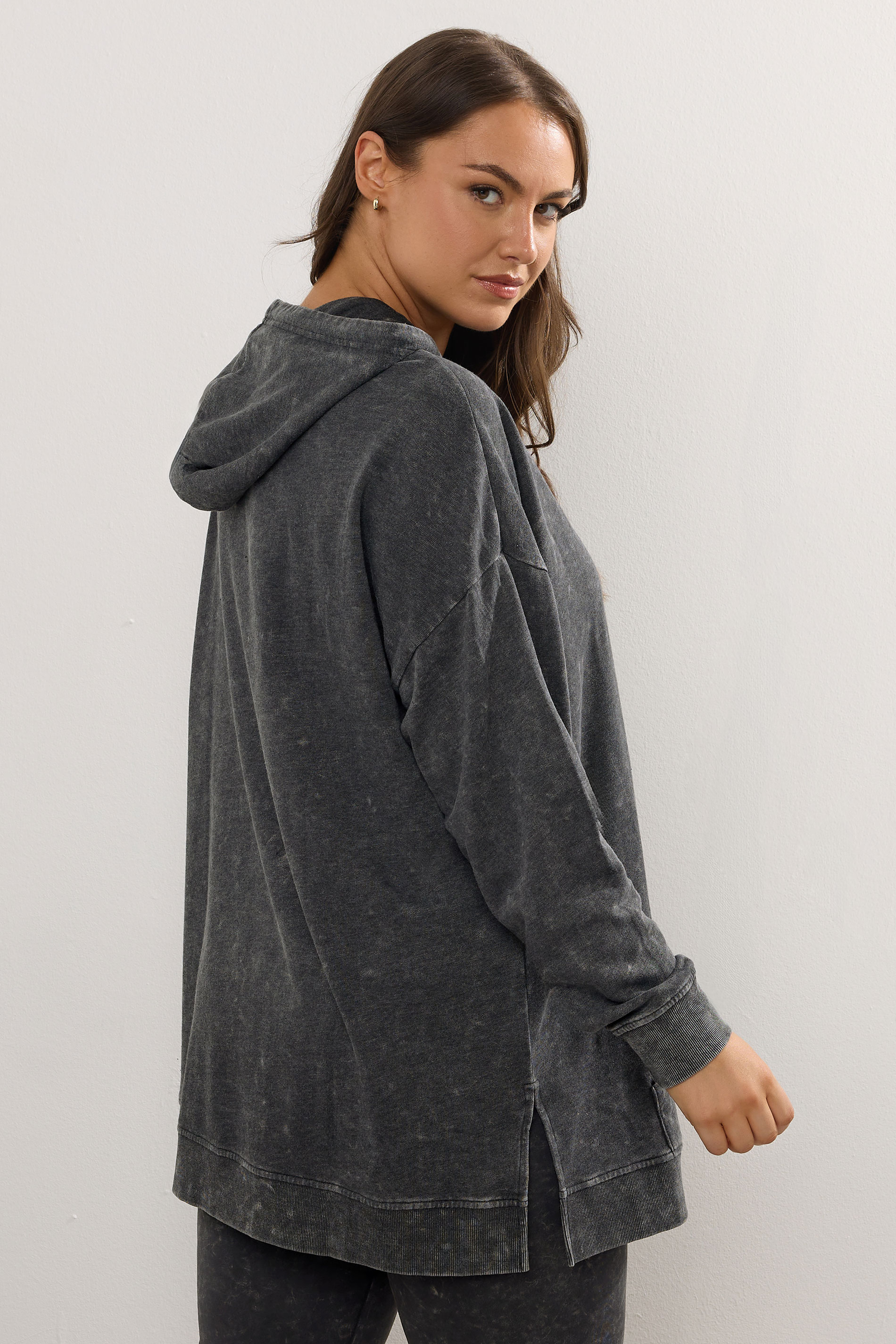 YOURS Plus Size Black Acid Wash Longline Hoodie | Yours Clothing 4