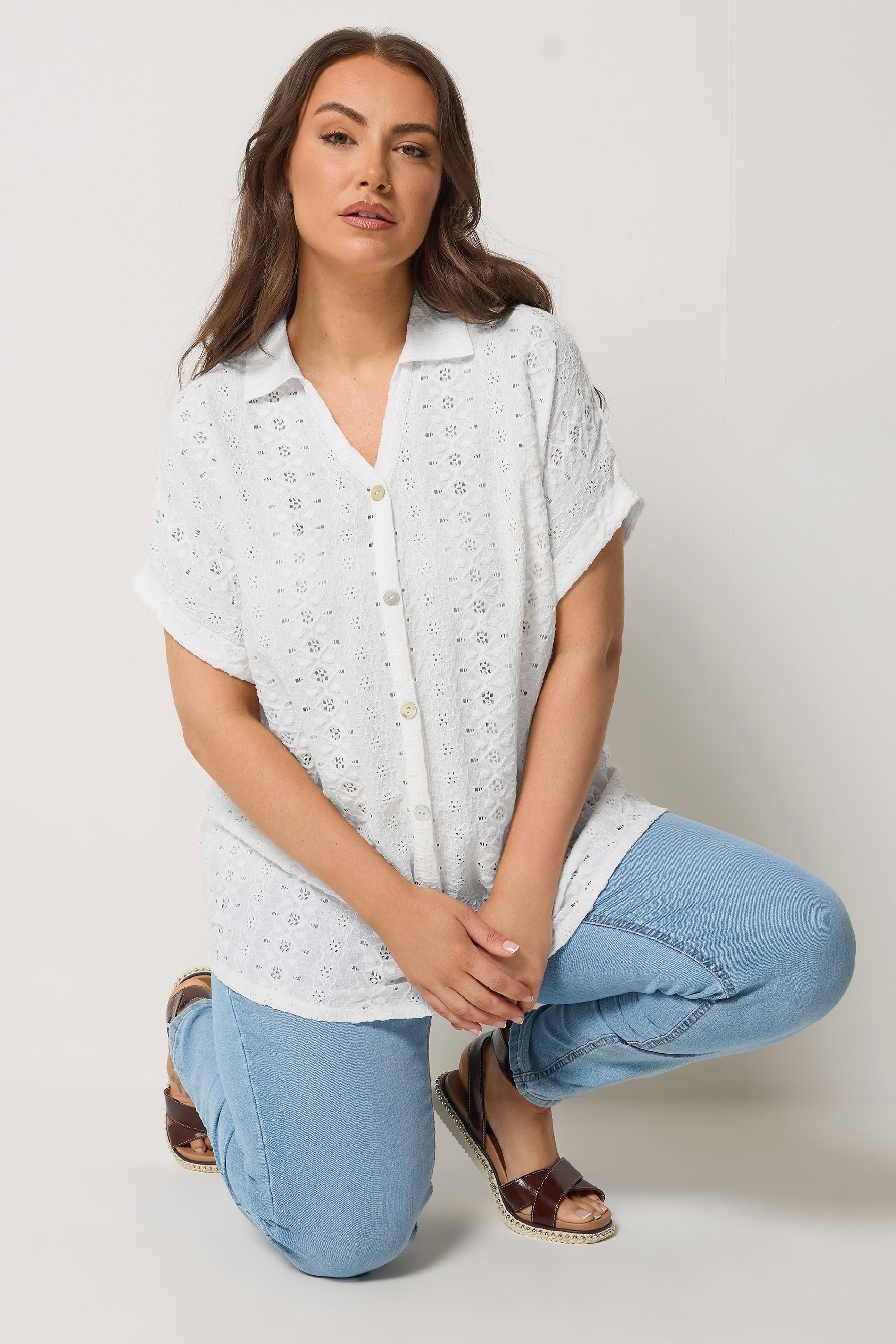 YOURS Plus Size White Broderie Anglaise Grown-On Sleeve Shirt  | Yours Clothing 1