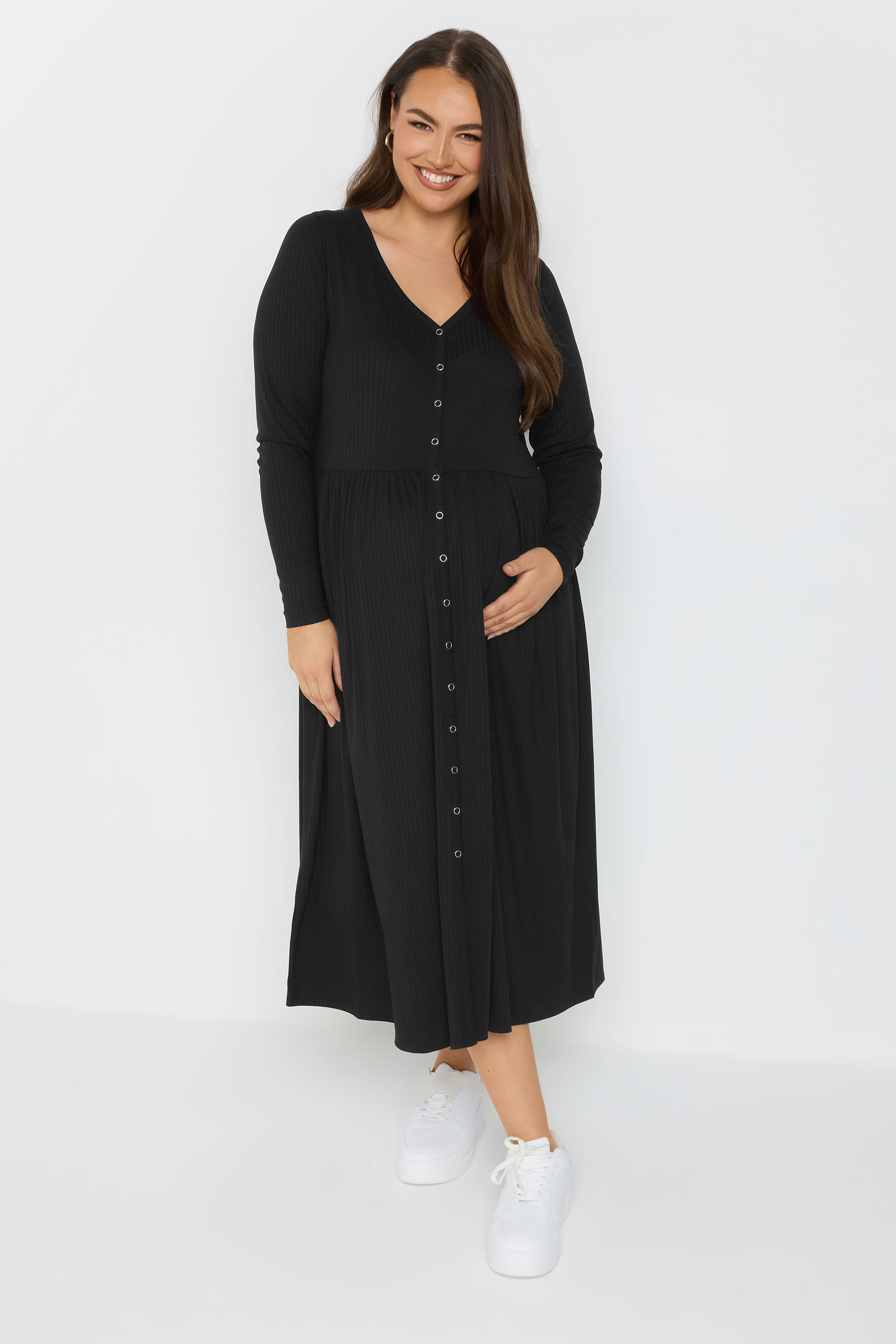 BUMP IT UP MATERNITY Plus Size Black Premium Ribbed Button Through Dress | Yours Clothing 1