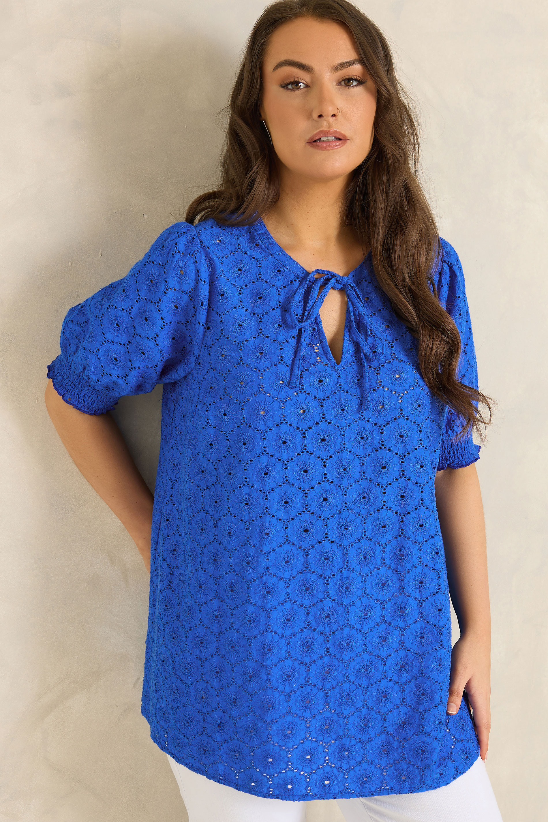EVANS Plus Size Blue Floral Broderie Tie Neck Blouse | Evans 3