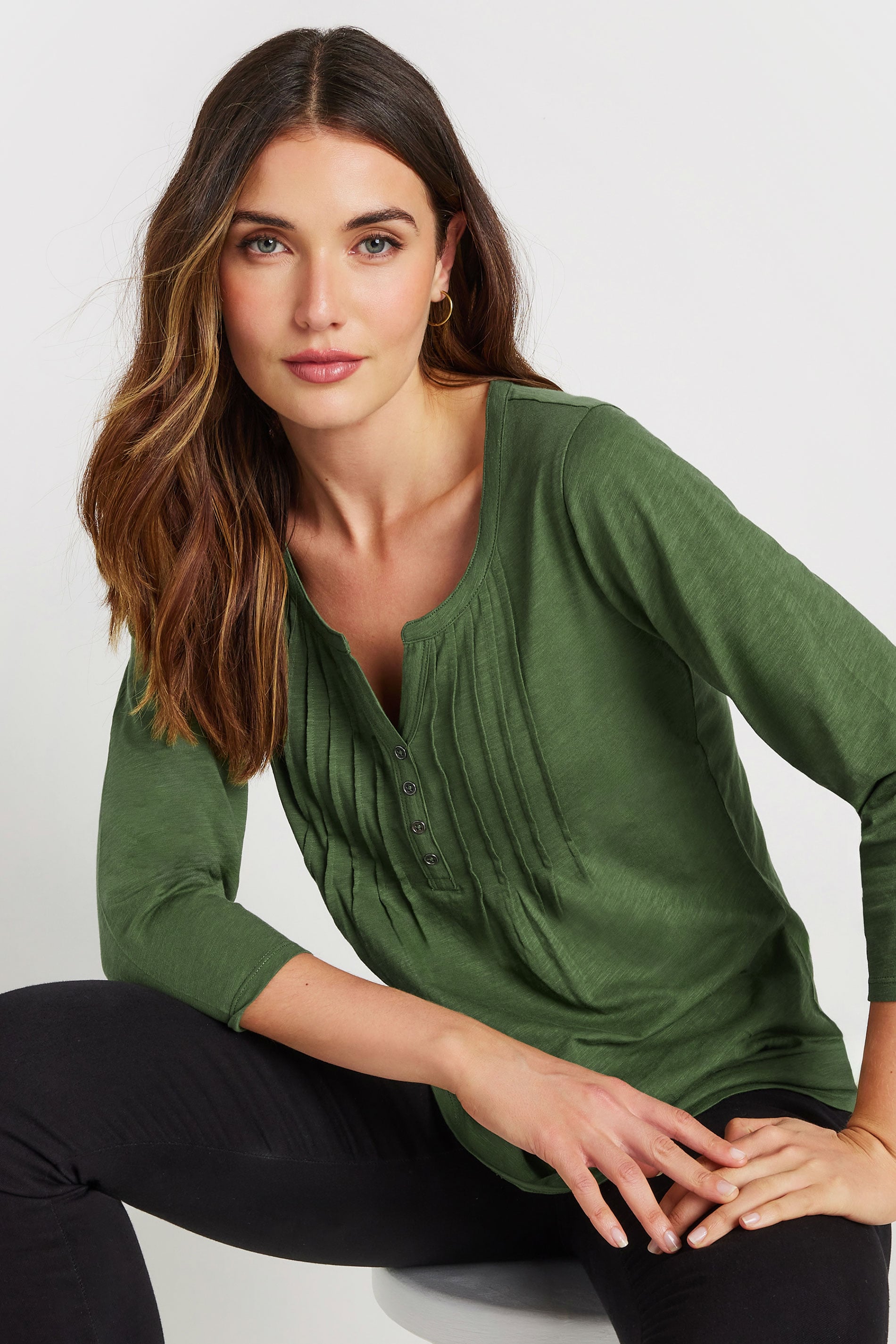 LTS Tall 2 PACK Khaki Green & Dark Pink Cotton Henley Tops | Long Tall Sally 2
