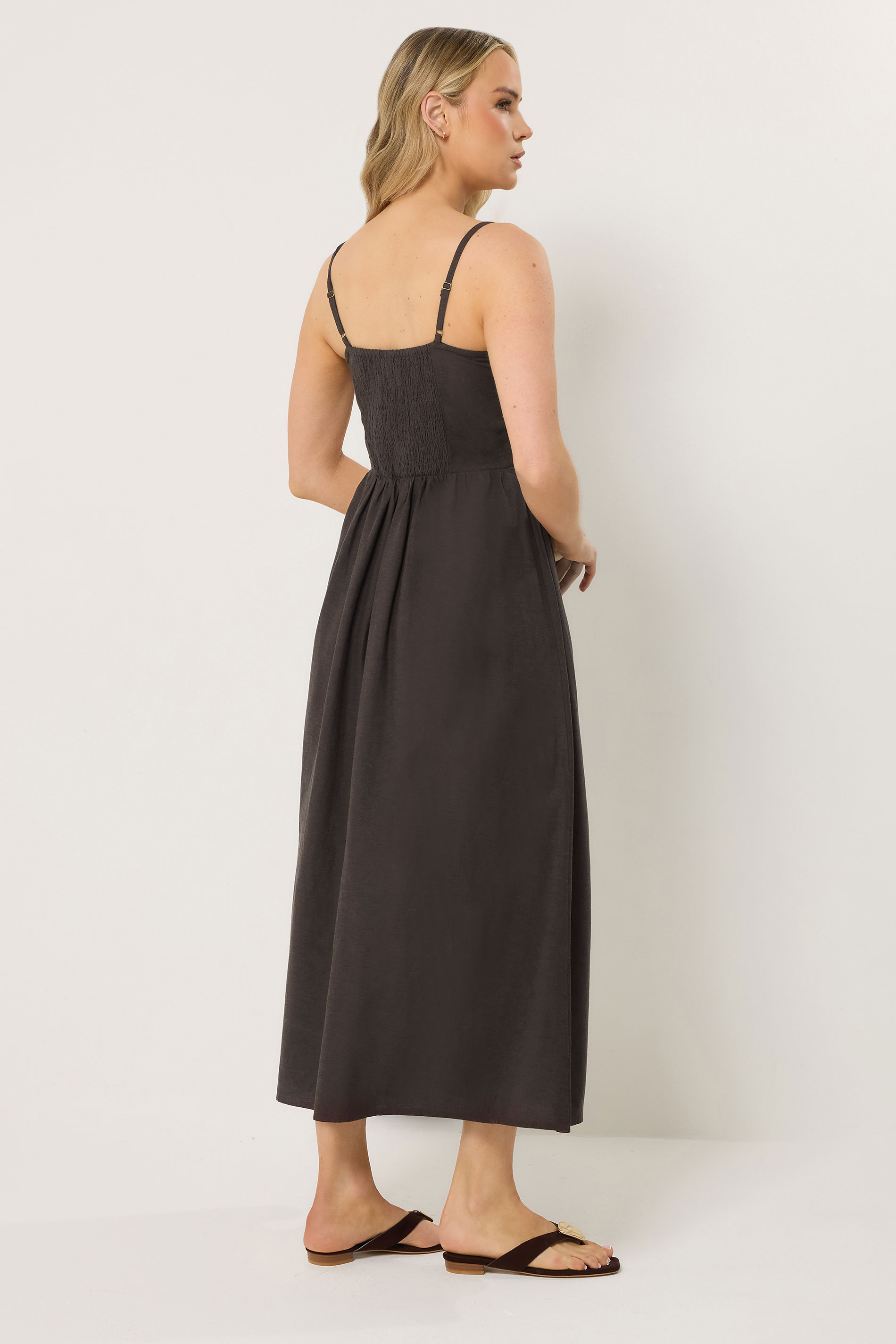 LTS Tall Women's Chocolate Brown Linen Embroidered Midi Dress | Long Tall Sally 4