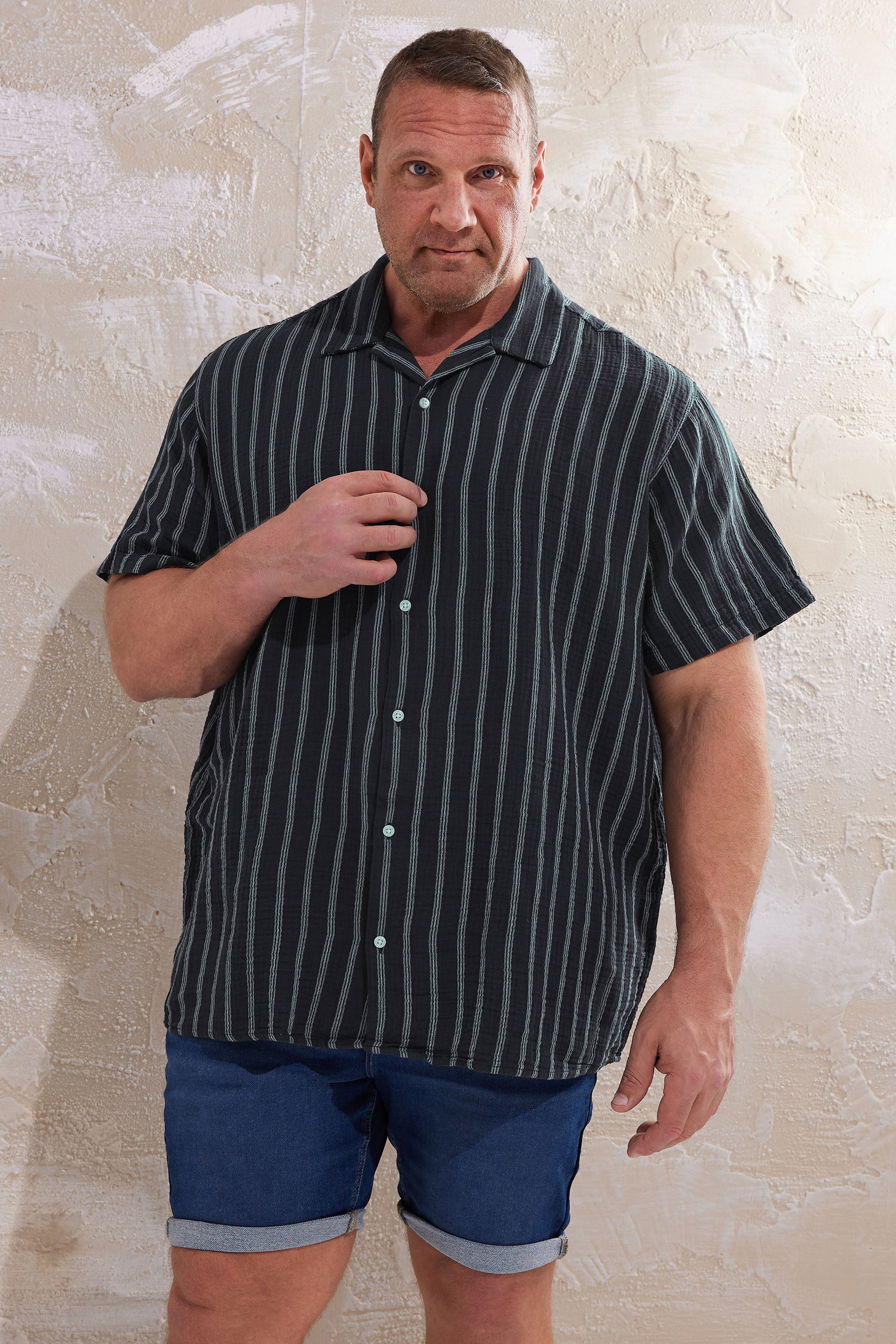 JACK & JONES Big & Tall Navy Blue & White Stripe Resort Shirt | BadRhino 2
