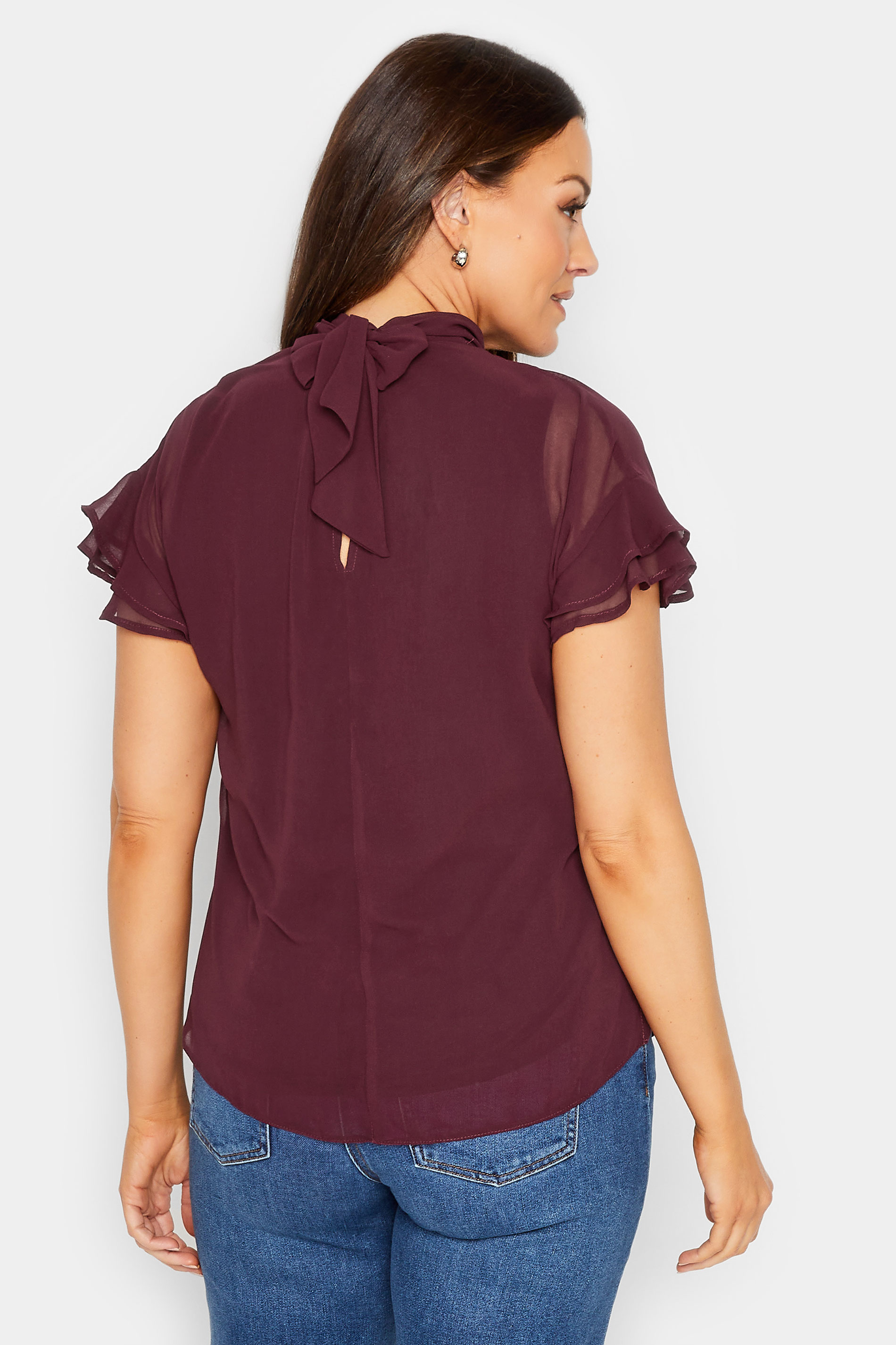 M&Co Dark Red High Neck Frill Sleeve Blouse | M&Co 3