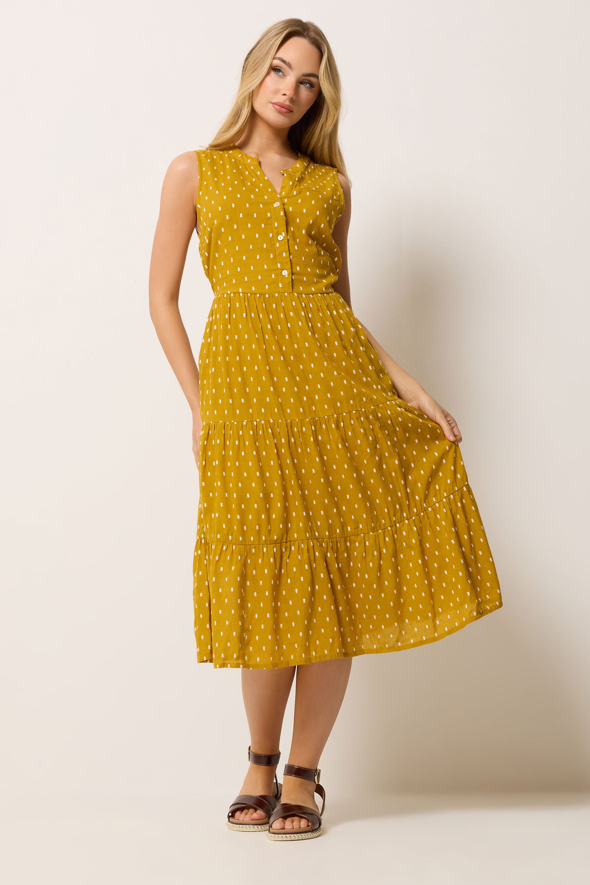 M&Co Yellow Dobby Sleeveless Tiered Cotton Midi Dress | M&Co 2
