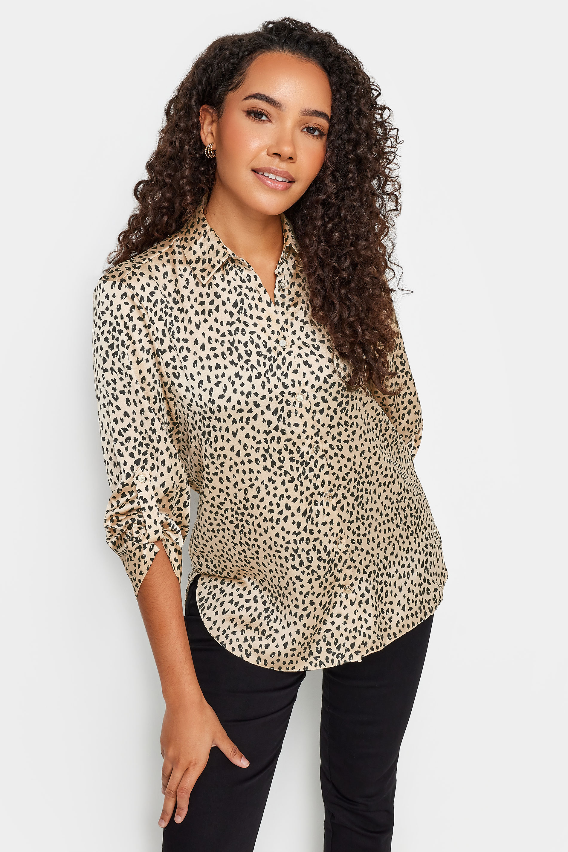 M&Co Natural Brown Leopard Print Tab Satin Shirt | M&Co 1