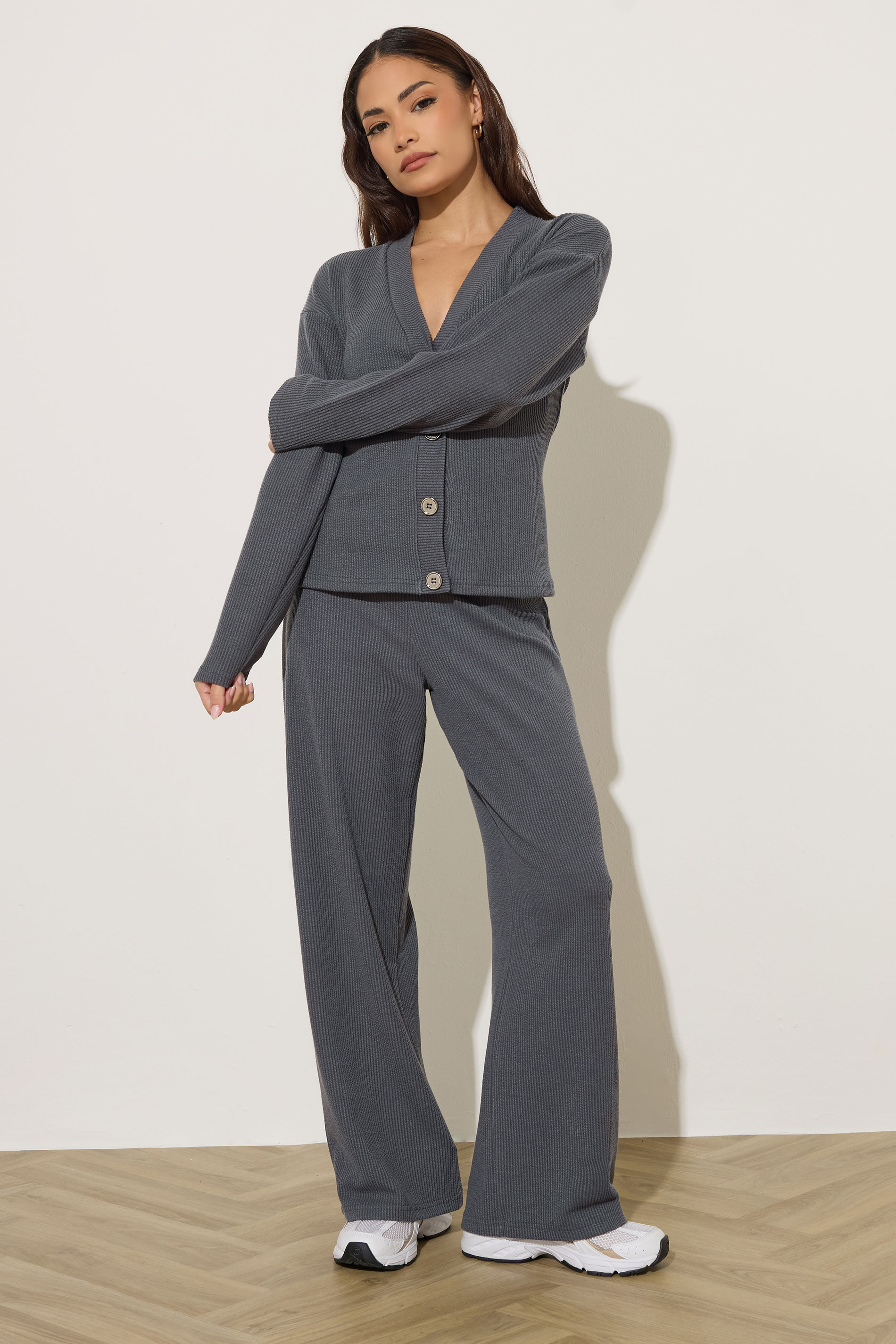 PixieGirl Petite Women's Charcoal Grey Textured Wide Leg Trousers | PixieGirl 3