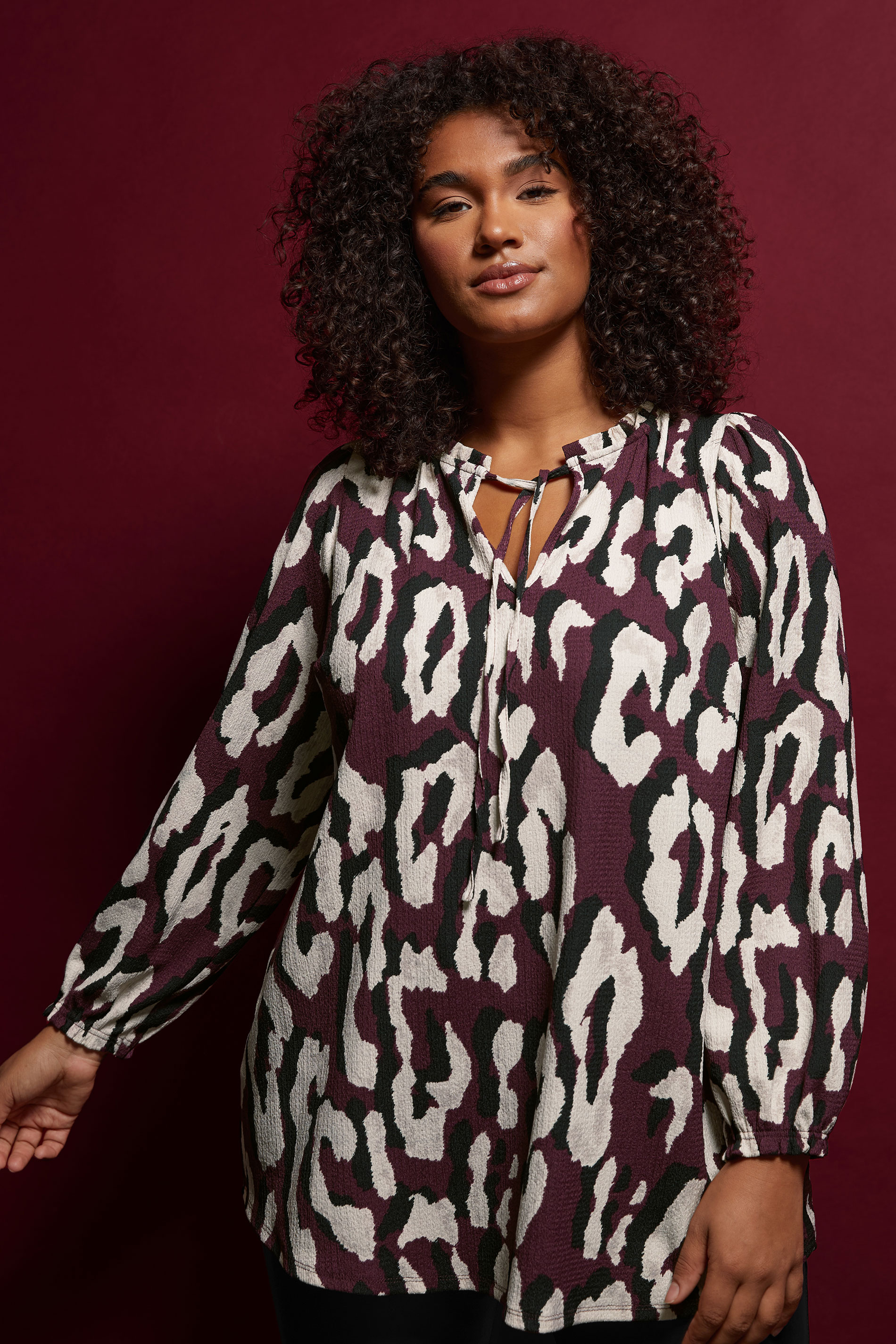 EVANS Plus Size Burgundy Red Animal Print Crepe Tie Neck Blouse | Evans 3