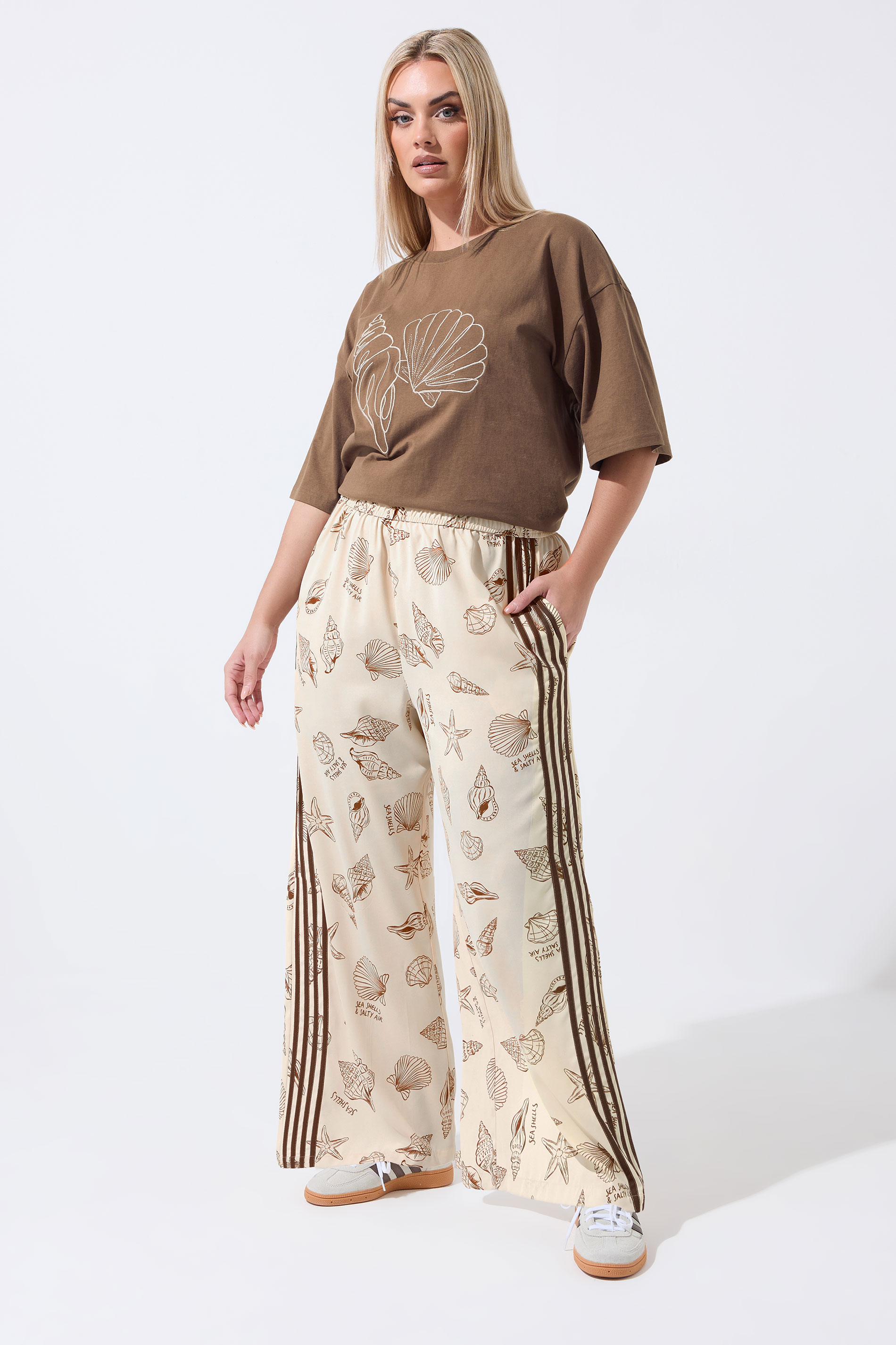 LIMITED COLLECTION Plus Size Nude Shell Print Wide Leg Trousers | Yours Clothing 3