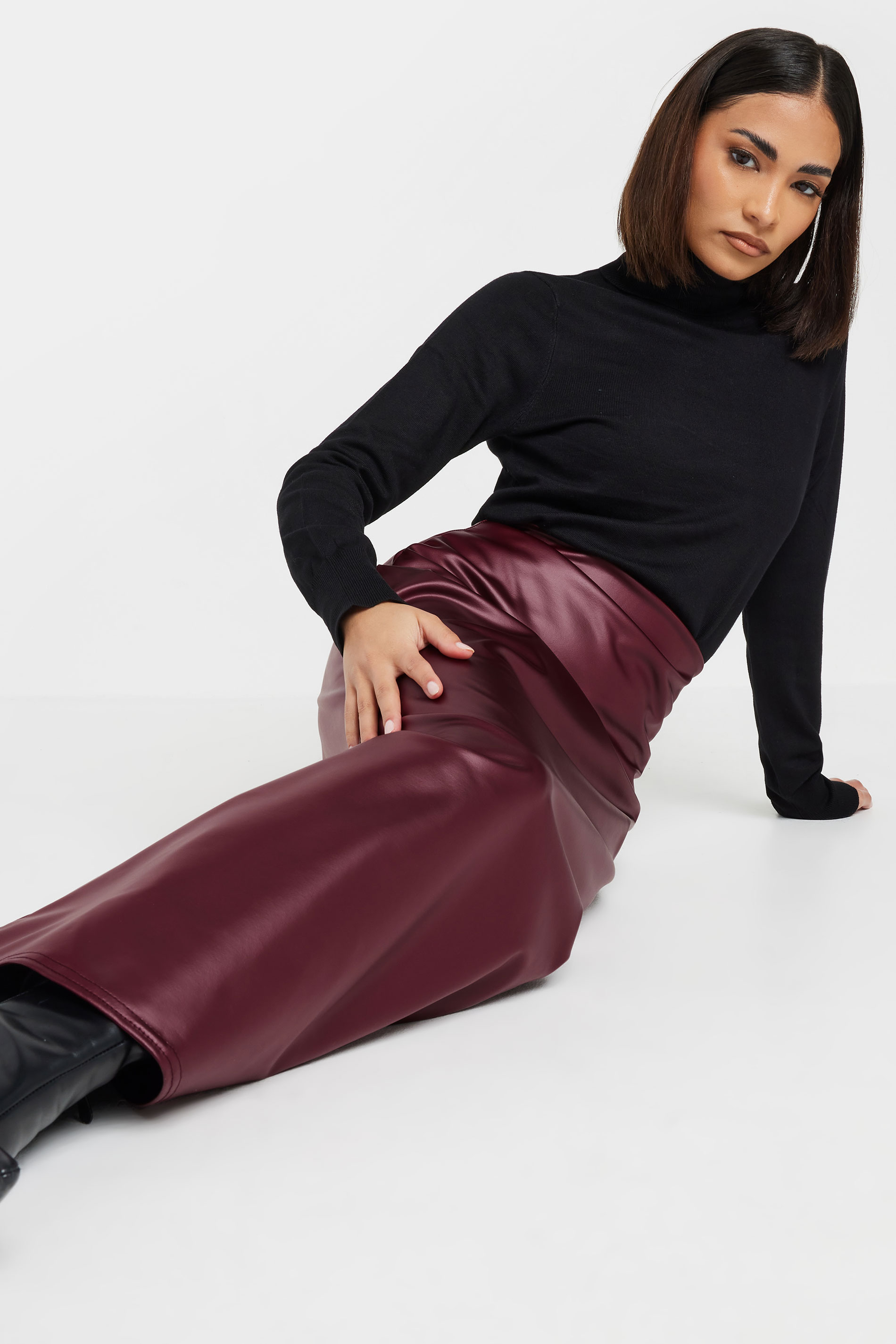 PixieGirl Petite Women's Burgundy Red Faux Leather Fishtail Skirt | PixieGirl 2