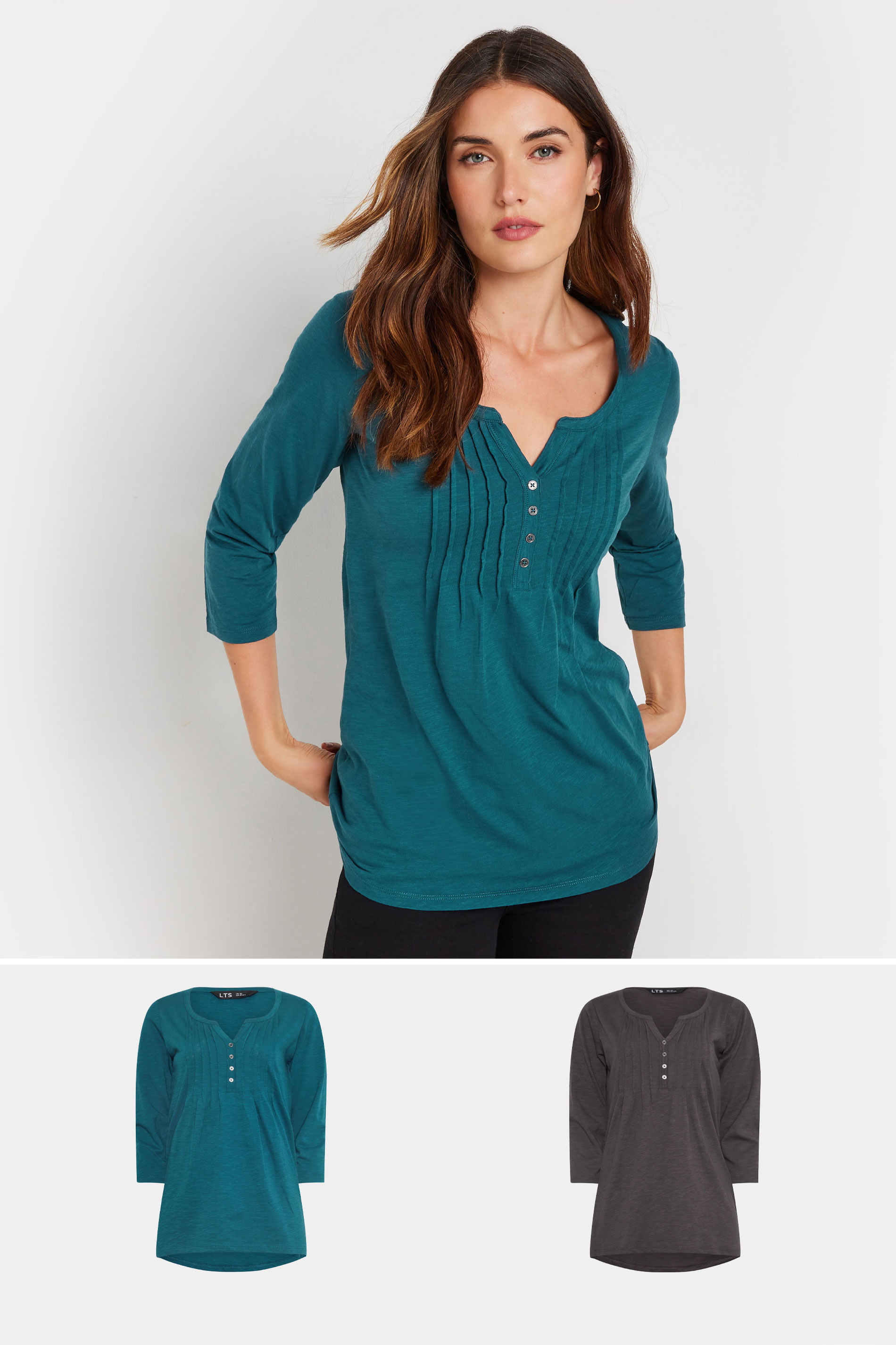 LTS Tall 2 PACK Charcoal Grey & Teal Blue Cotton Henley Tops | Long Tall Sally 3
