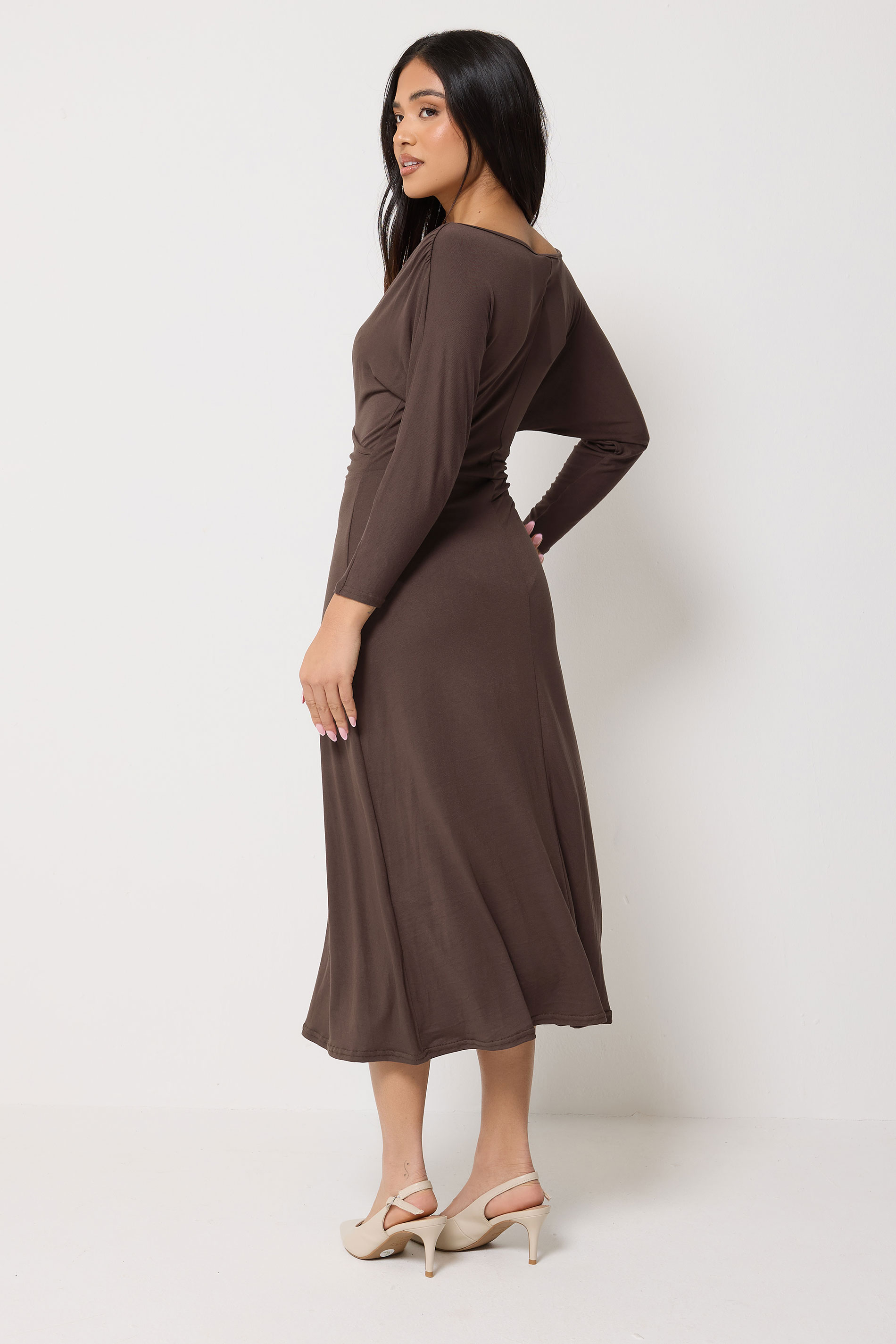 PixieGirl Petite Women's Chocolate Brown Wrap Midi Dress | PixieGirl 2