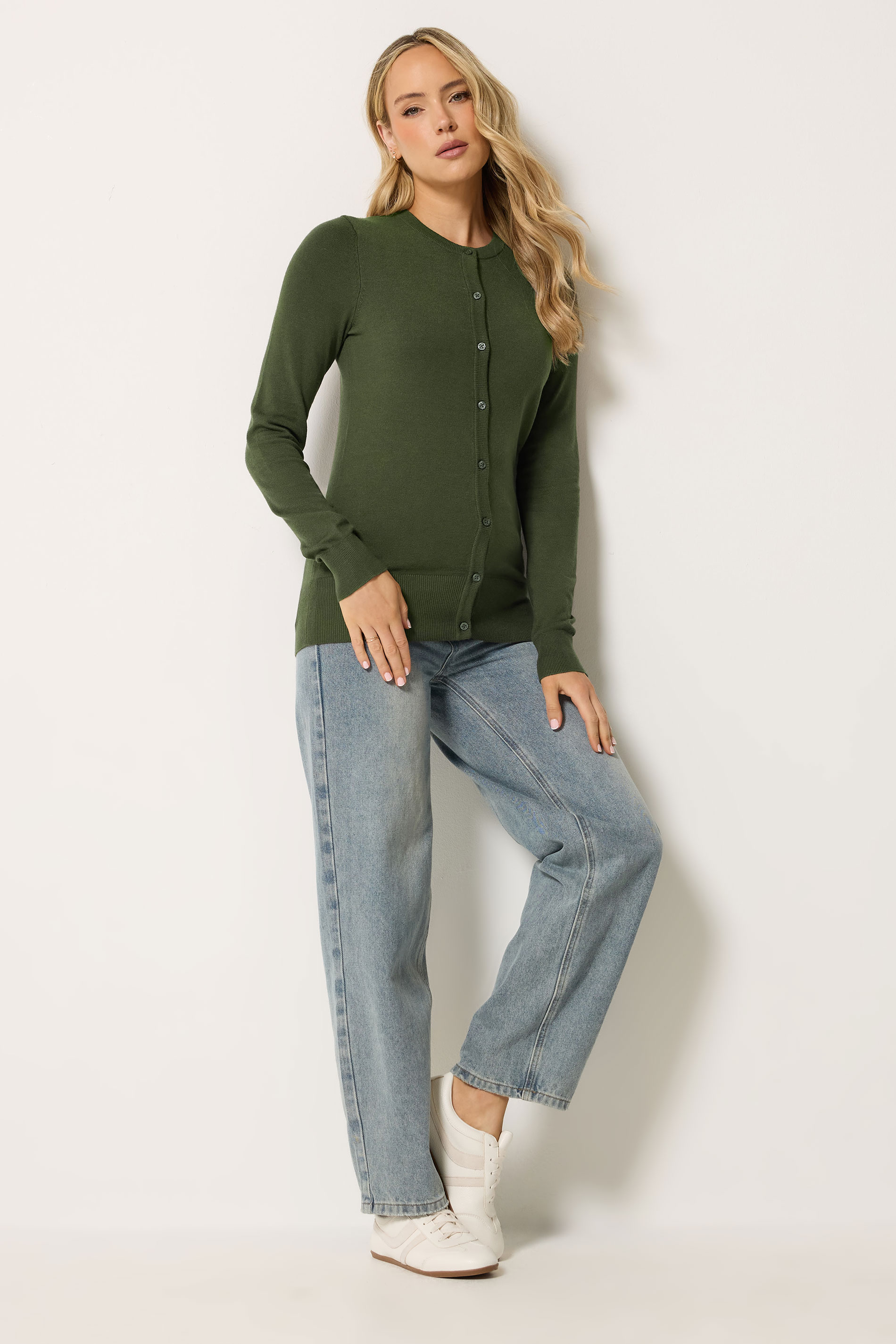 LTS Tall Dark Olive Green Crew Neck Button Cardigan | Long Tall Sally 1