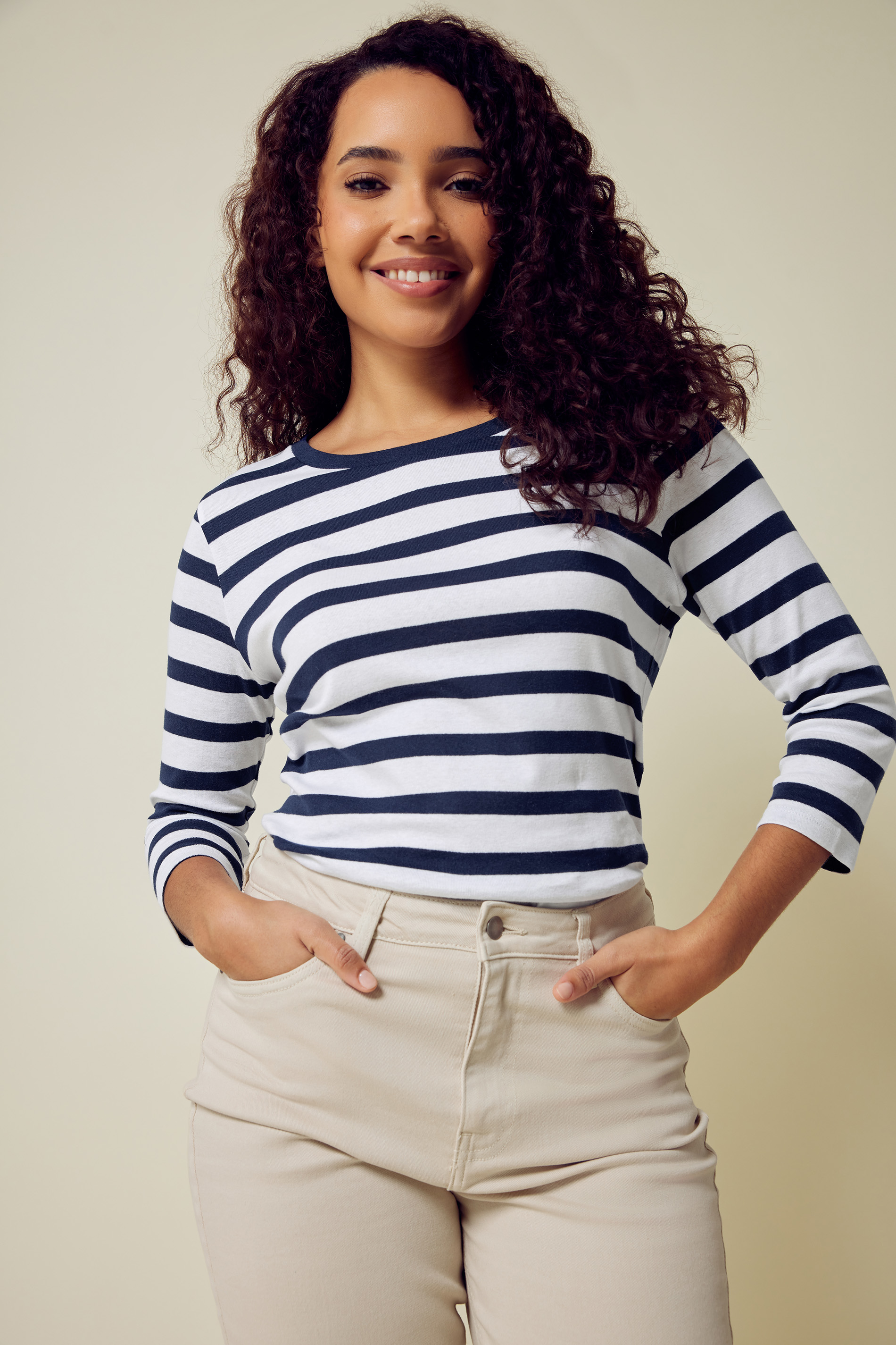 M&Co Navy Blue & Ivory Striped 3/4 Sleeve Cotton Top | M&Co 1