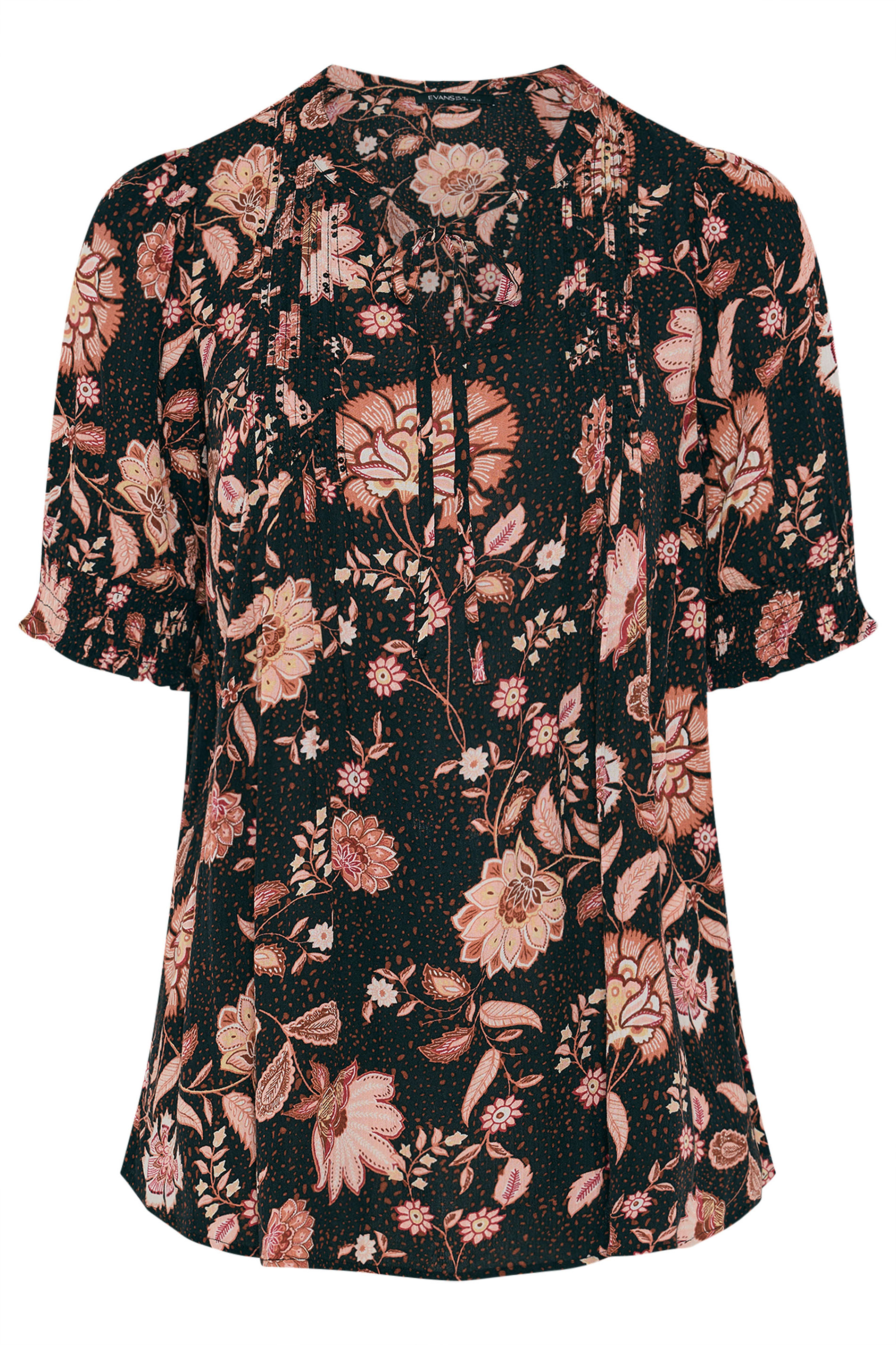 EVANS Plus Size Black Floral Pintuck Tie Neck Blouse | Evans 6