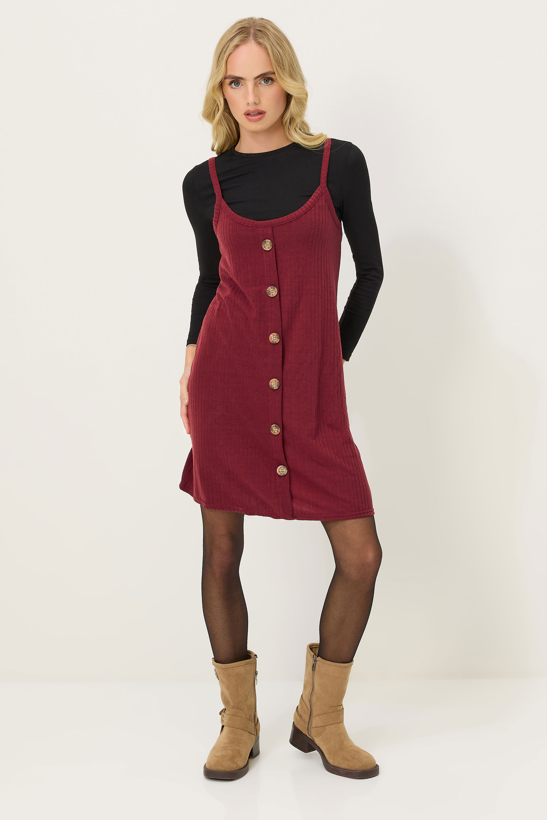 PixieGirl Petite Burgundy Red Ribbed Button Mini Dress | PixieGirl 1