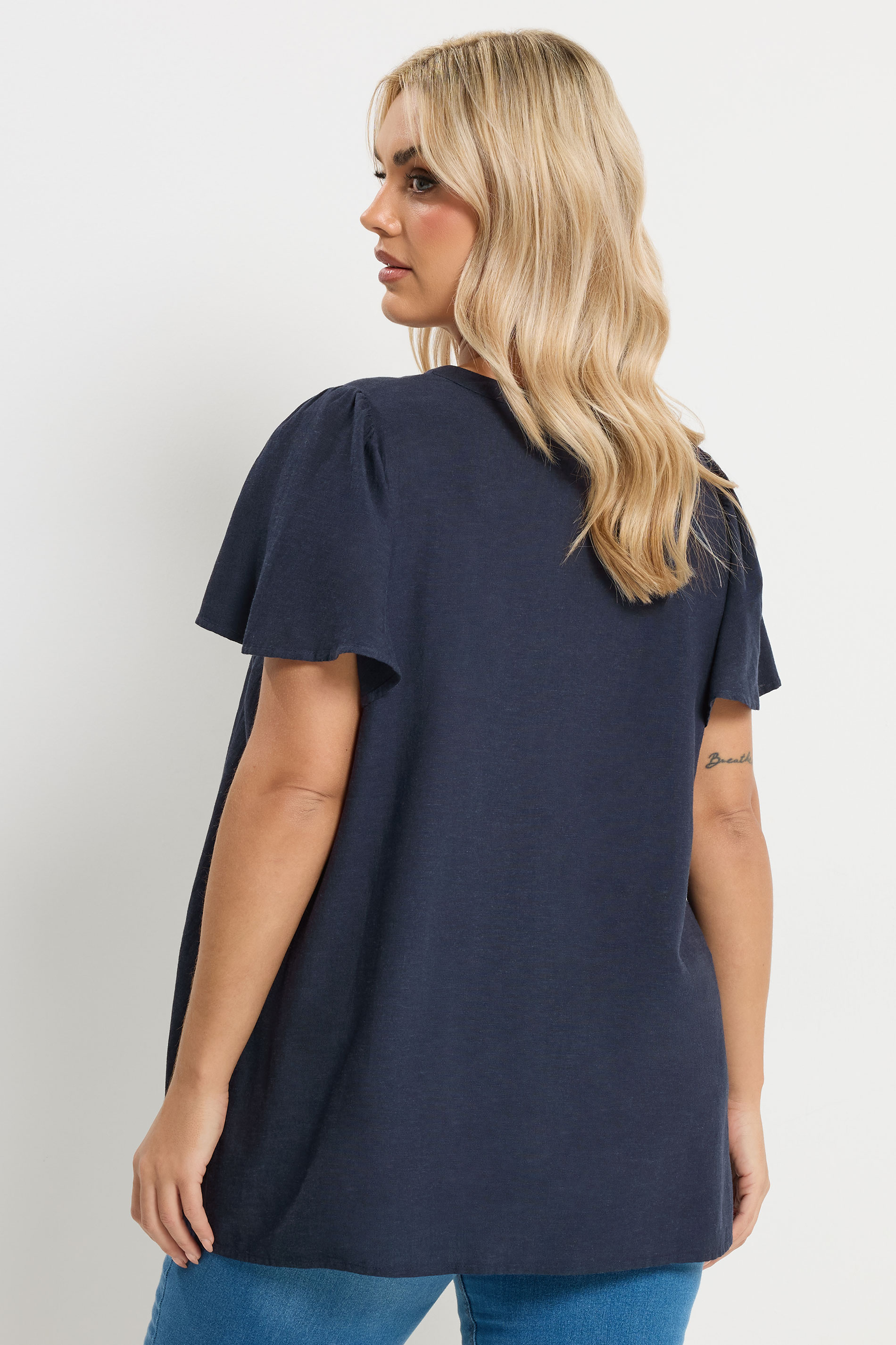 YOURS Plus Size Navy Blue Button Through Linen Blouse | Yours Clothing 2