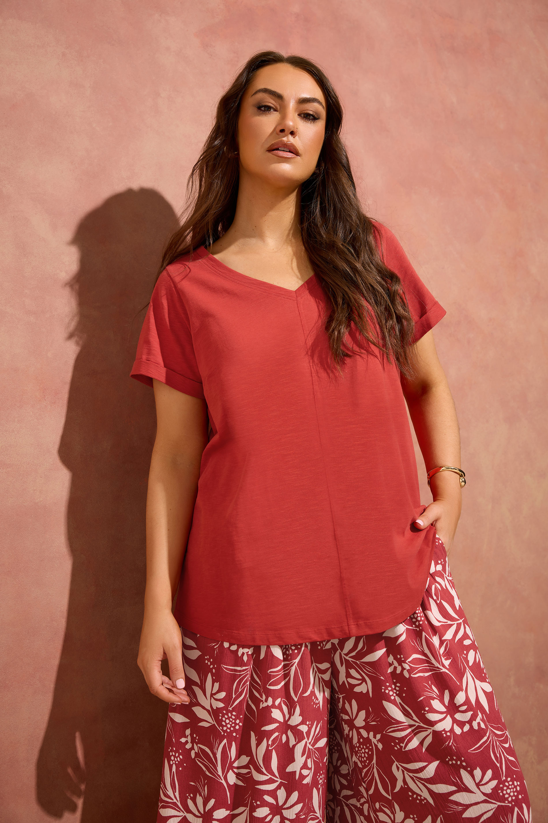 EVANS Plus Size Rust Orange V Neck Cotton T-Shirt | Evans 3