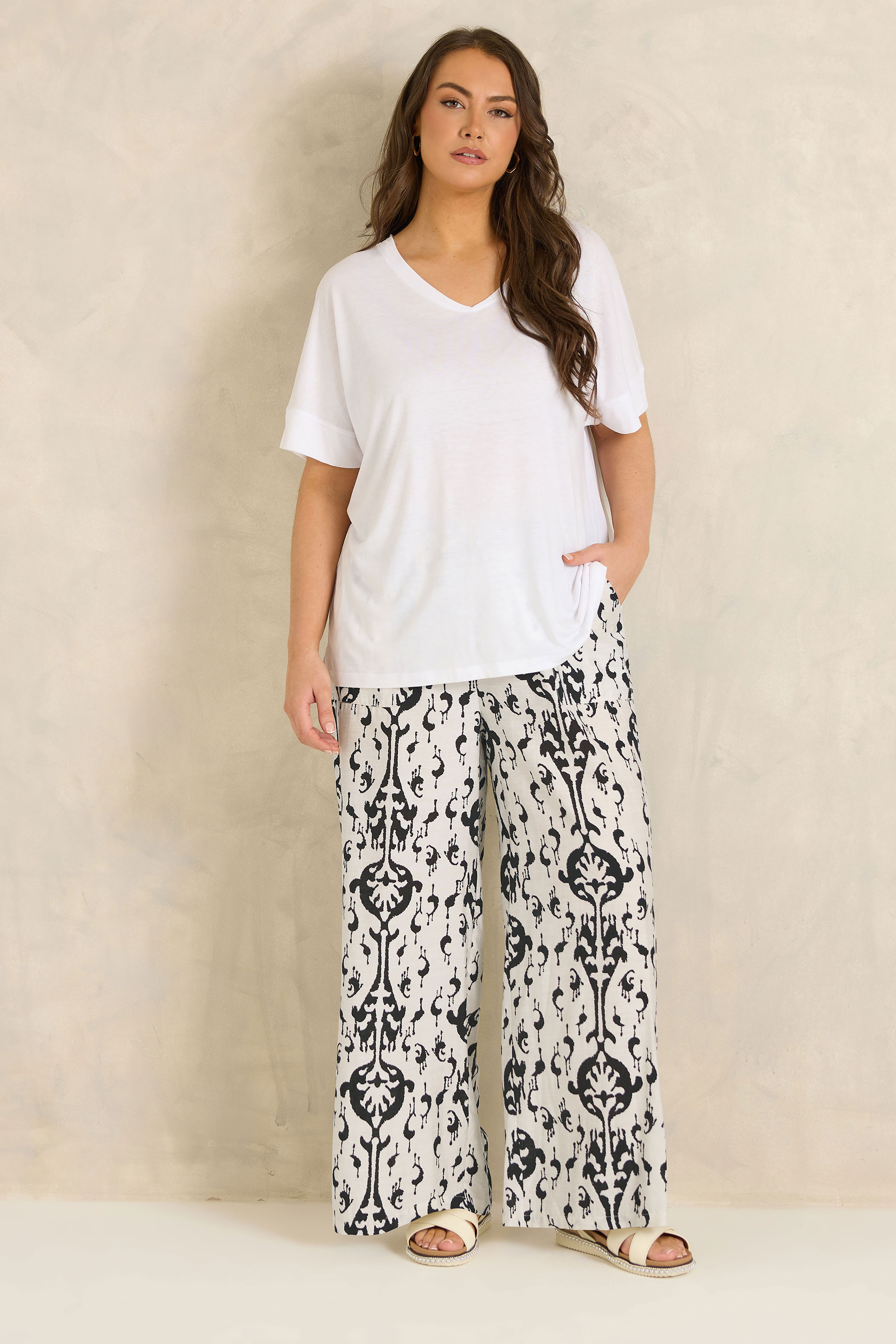 EVANS Plus Size White Abstract Print Wide Leg Trousers | Evans 2
