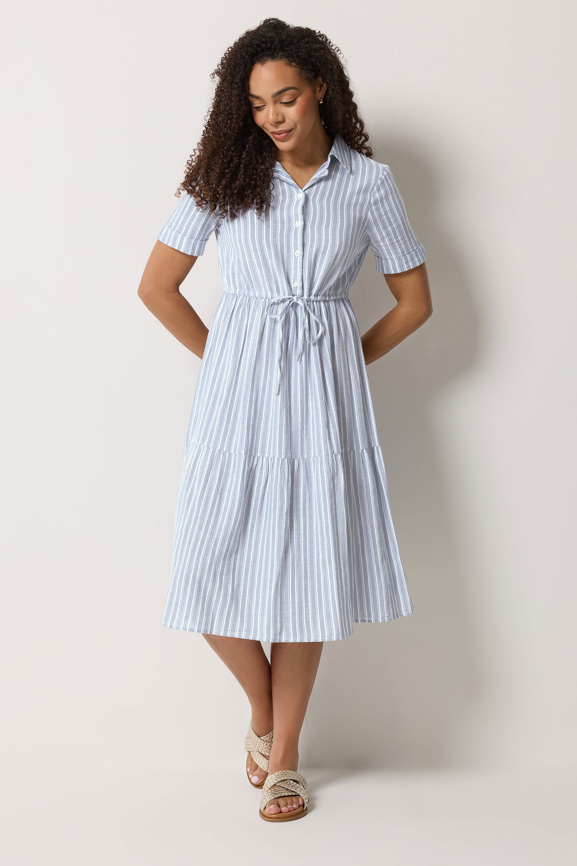 M&Co Blue Stripe Tie Waist Cotton Shirt Dress | M&Co
