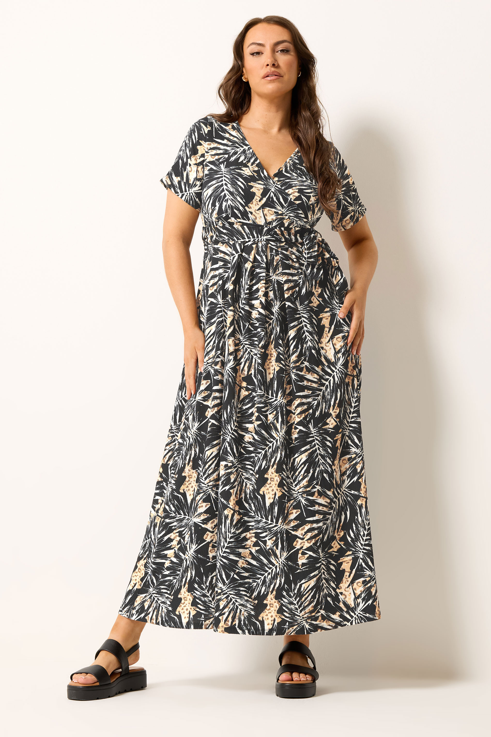 YOURS Plus Size Black Leaf Print Wrap Front Maxi Dress | Yours Clothing 3