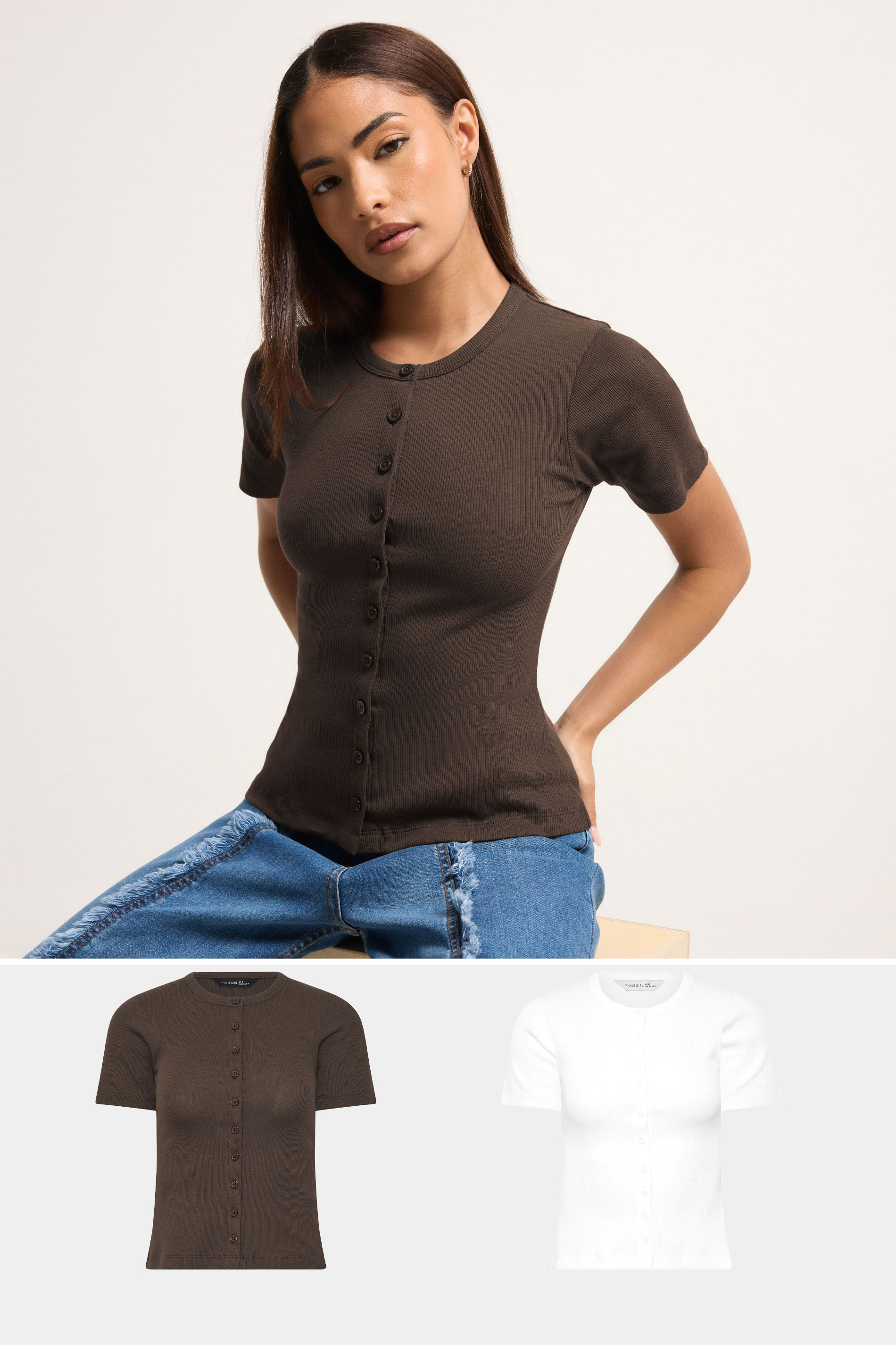 PixieGirl Petite Women's 2 PACK White and Chocolate Brown Ribbed Top | PixieGirl 3